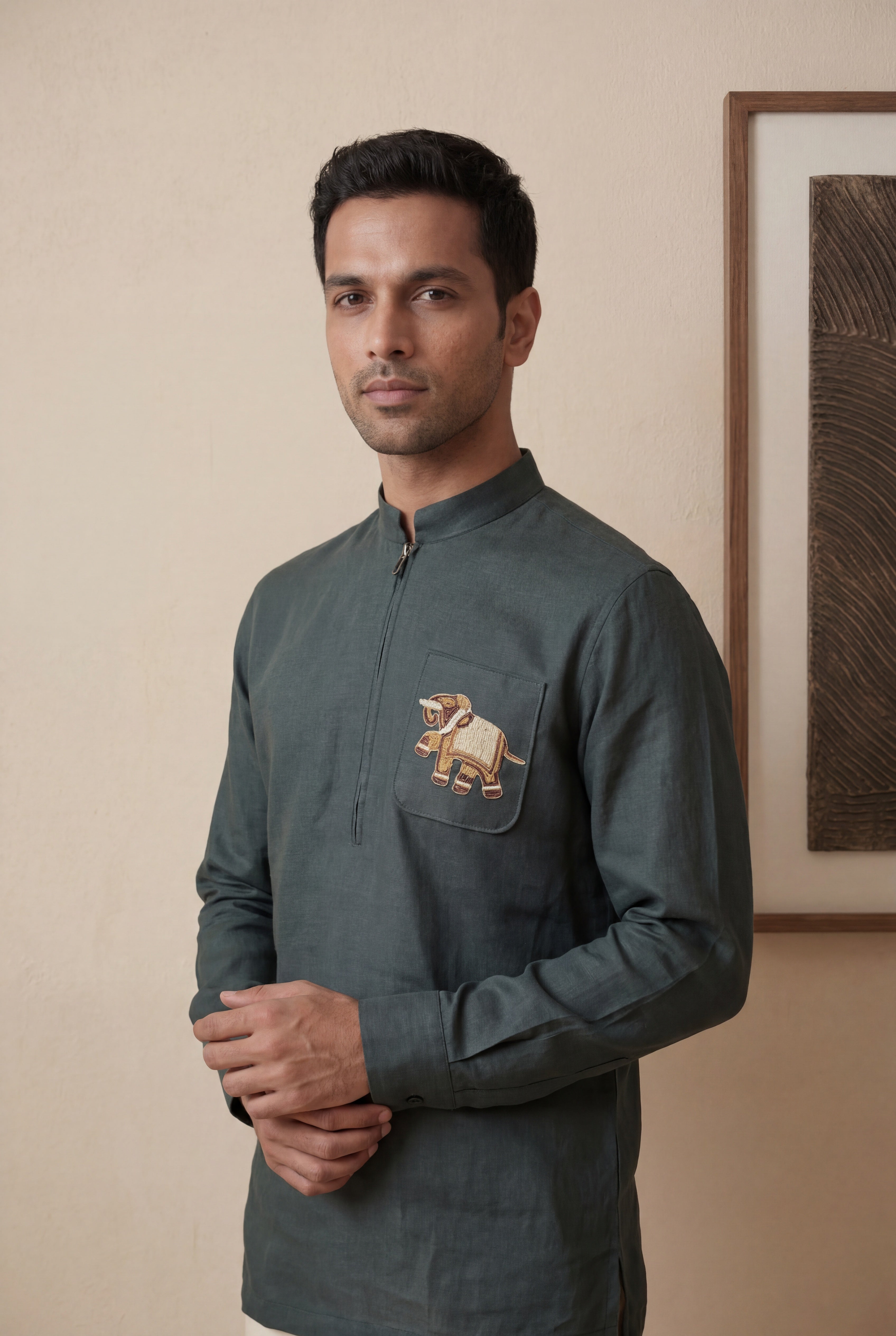 Teal Green Linen Short Kurta with Elephant Embroidery