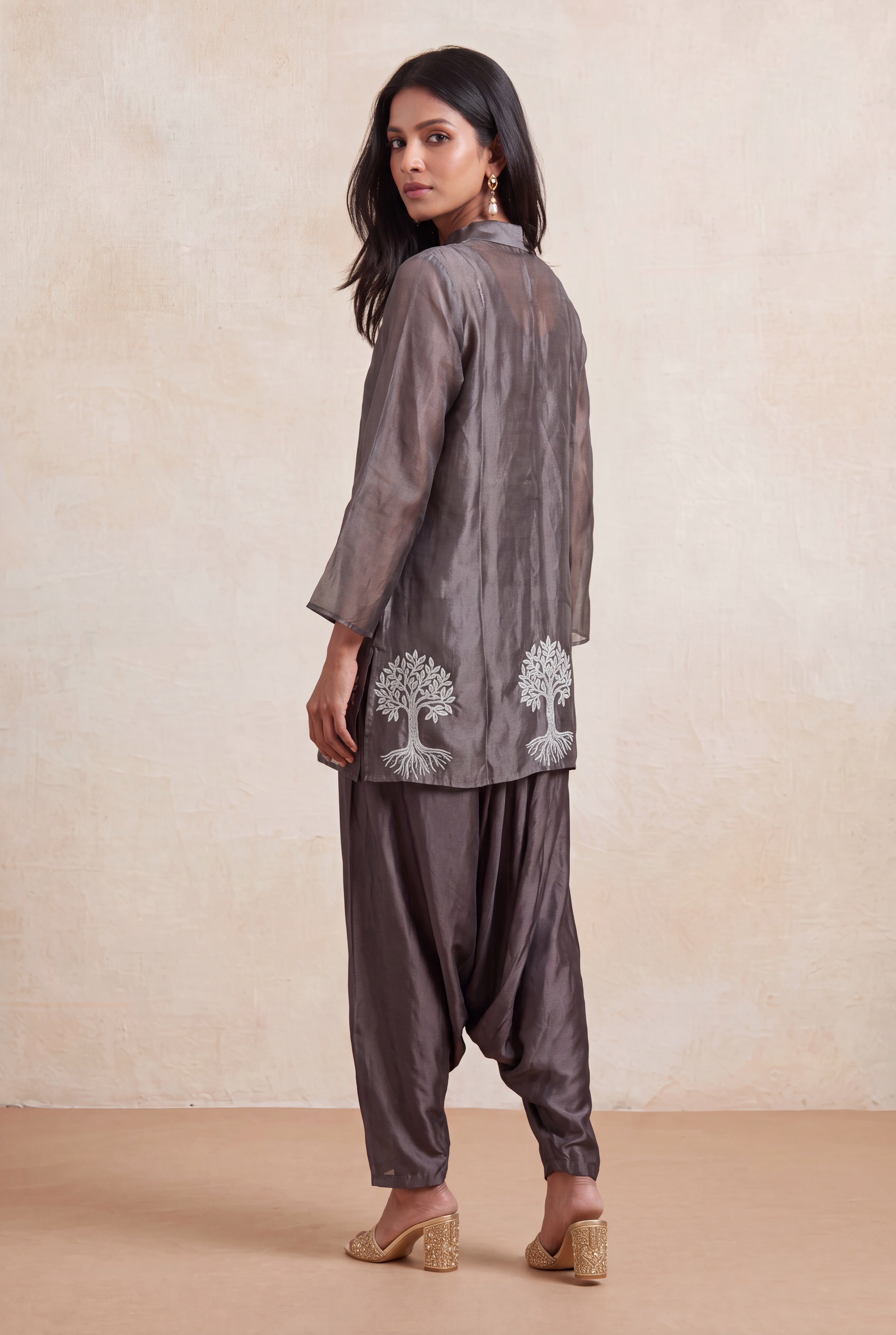 Steel Grey Tissue Indo-Western Co-Ord Set