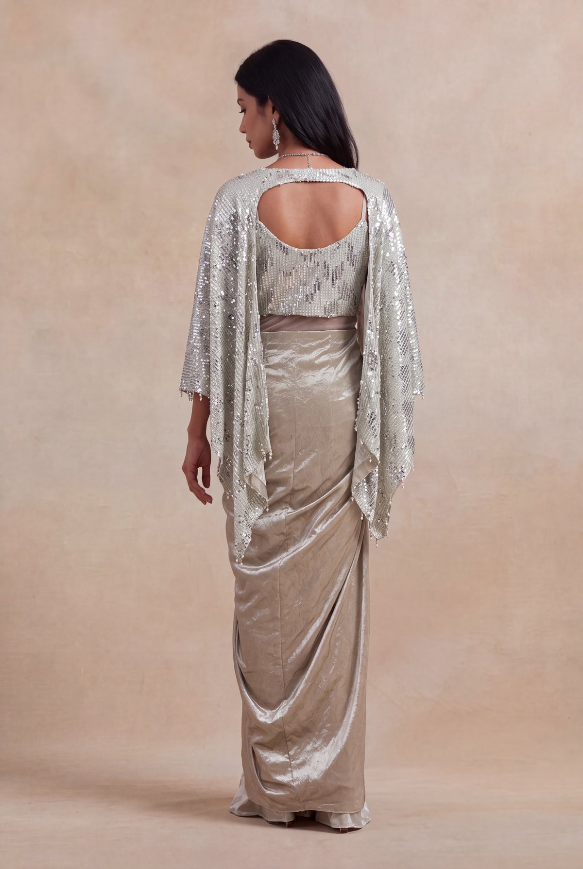 Champagne Silver Sequin & Pearl Draped Gown - Mokshaa