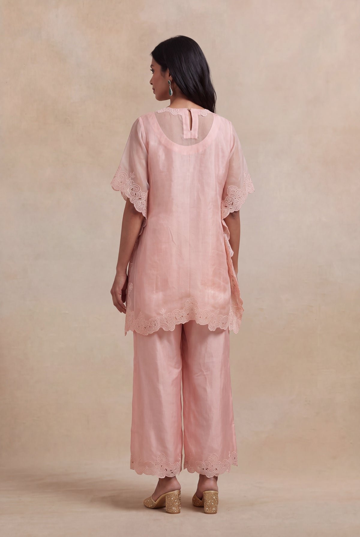 Blush Pink Organza Kaftan with Floral Thread Embroidery - Mokshaa