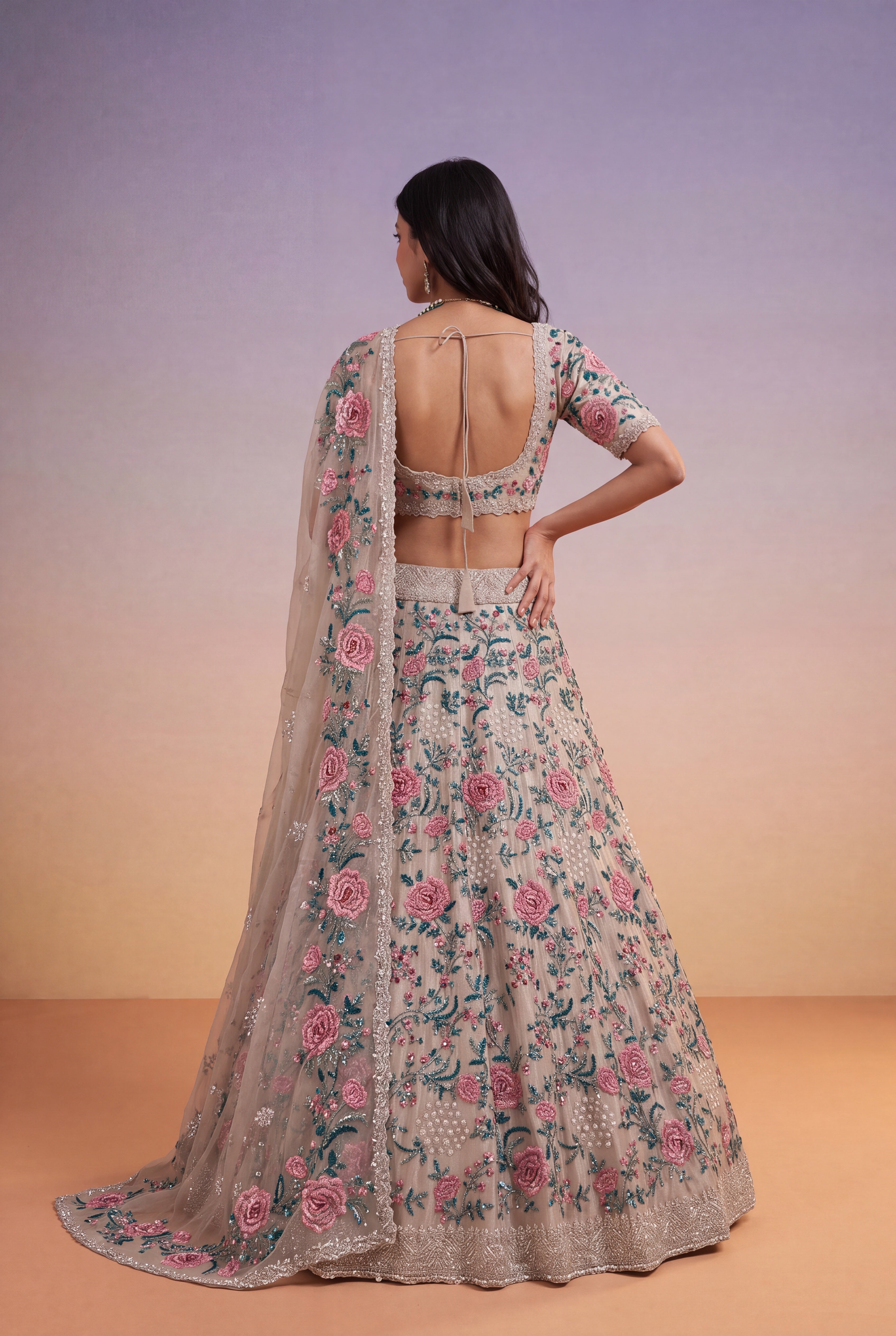 Multicolour Floral Embroidered Tissue Lehenga