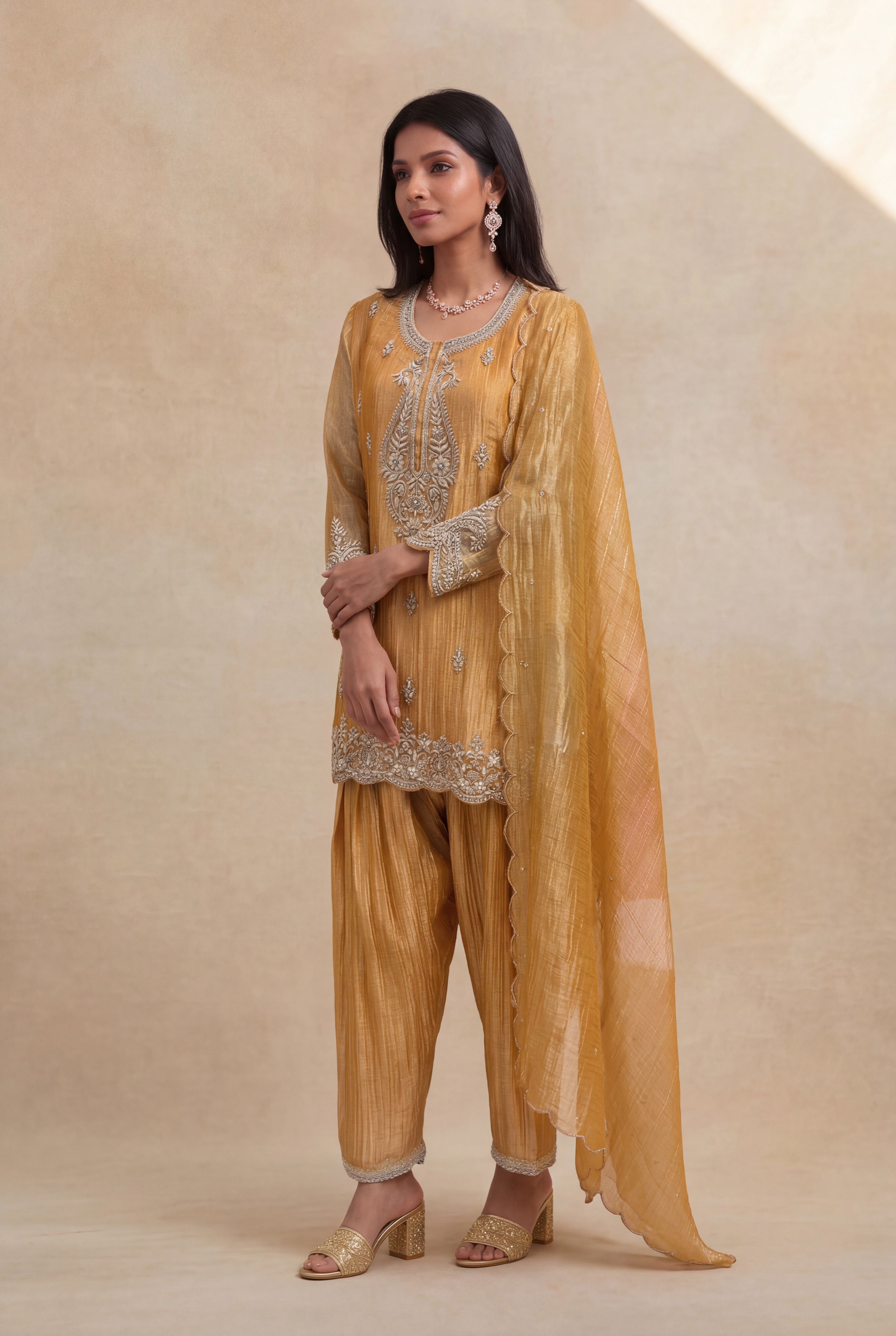 Mustard Yellow Organza Tissue Short Top Sharara Set
