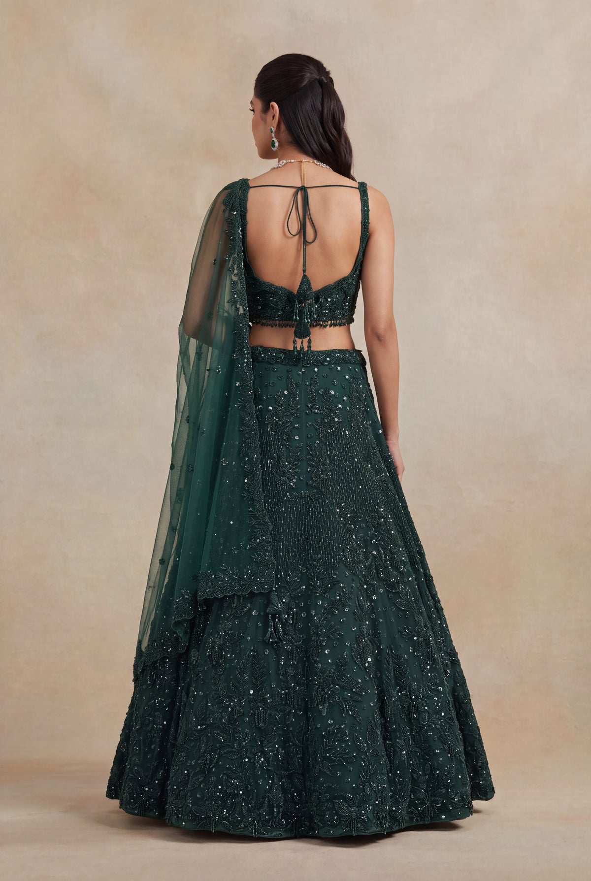 Bottle Green Net Lehenga with Sequin & Beadwork - Mokshaa