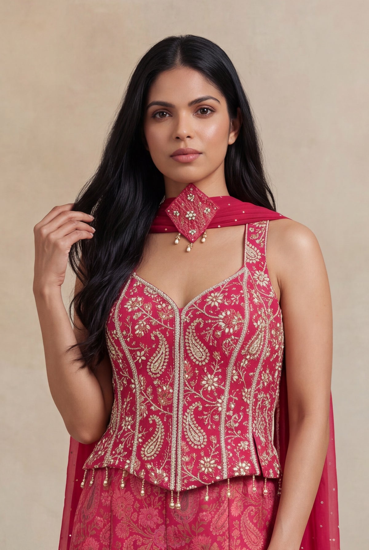 Pink Banarasi Indo-Western Palazzo Set with Embellished Corset - Mokshaa