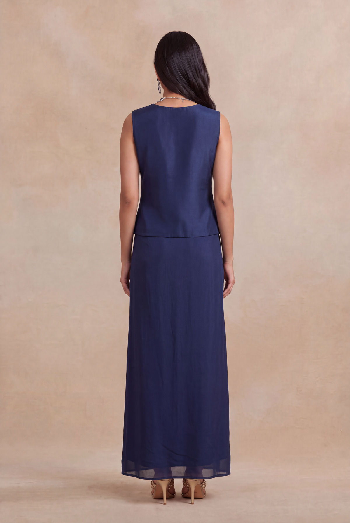 Navy Blue Indo-Western Crop Top & Drape Skirt - Mokshaa