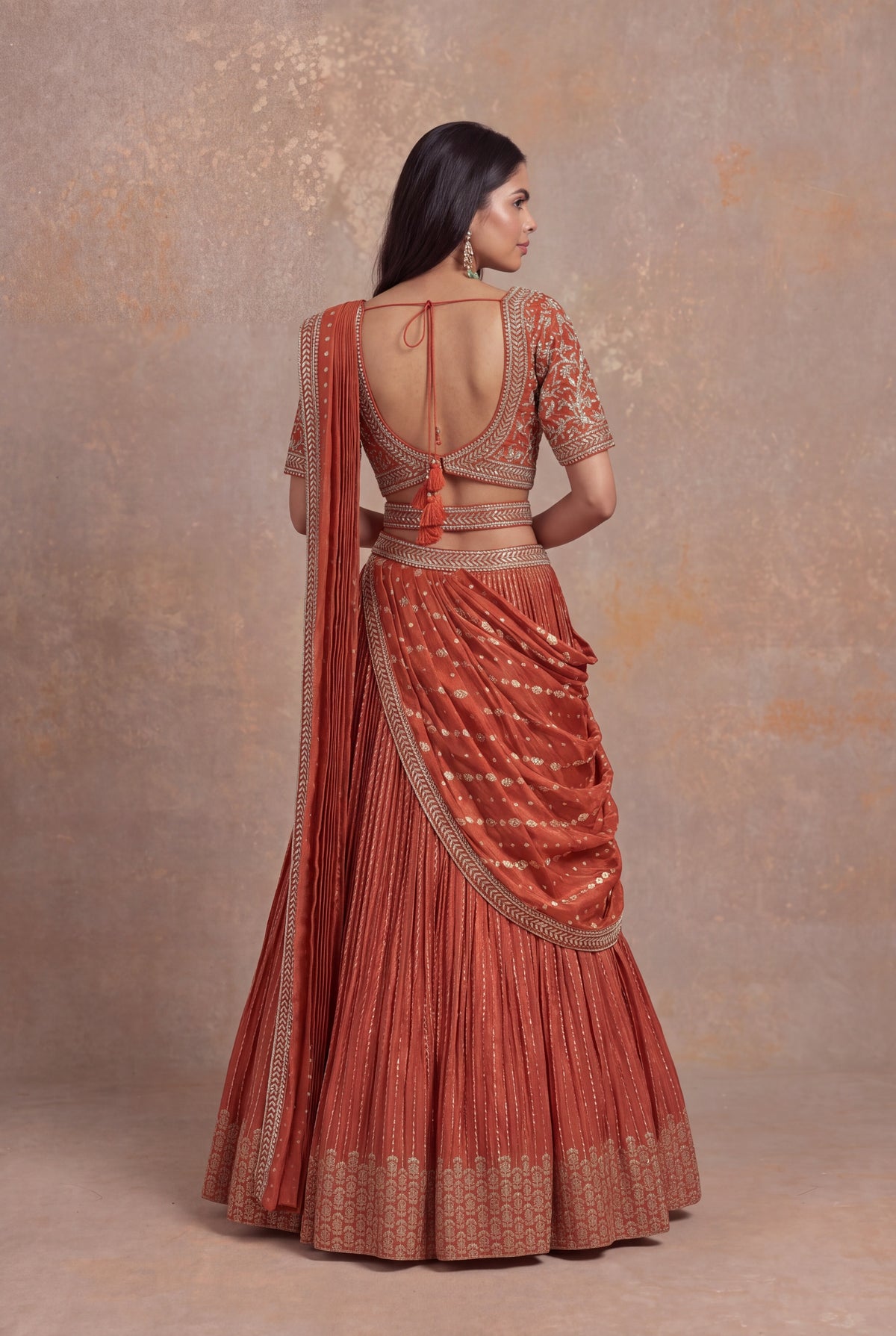 Light Orange Banarasi Draped Lehenga Set - Mokshaa