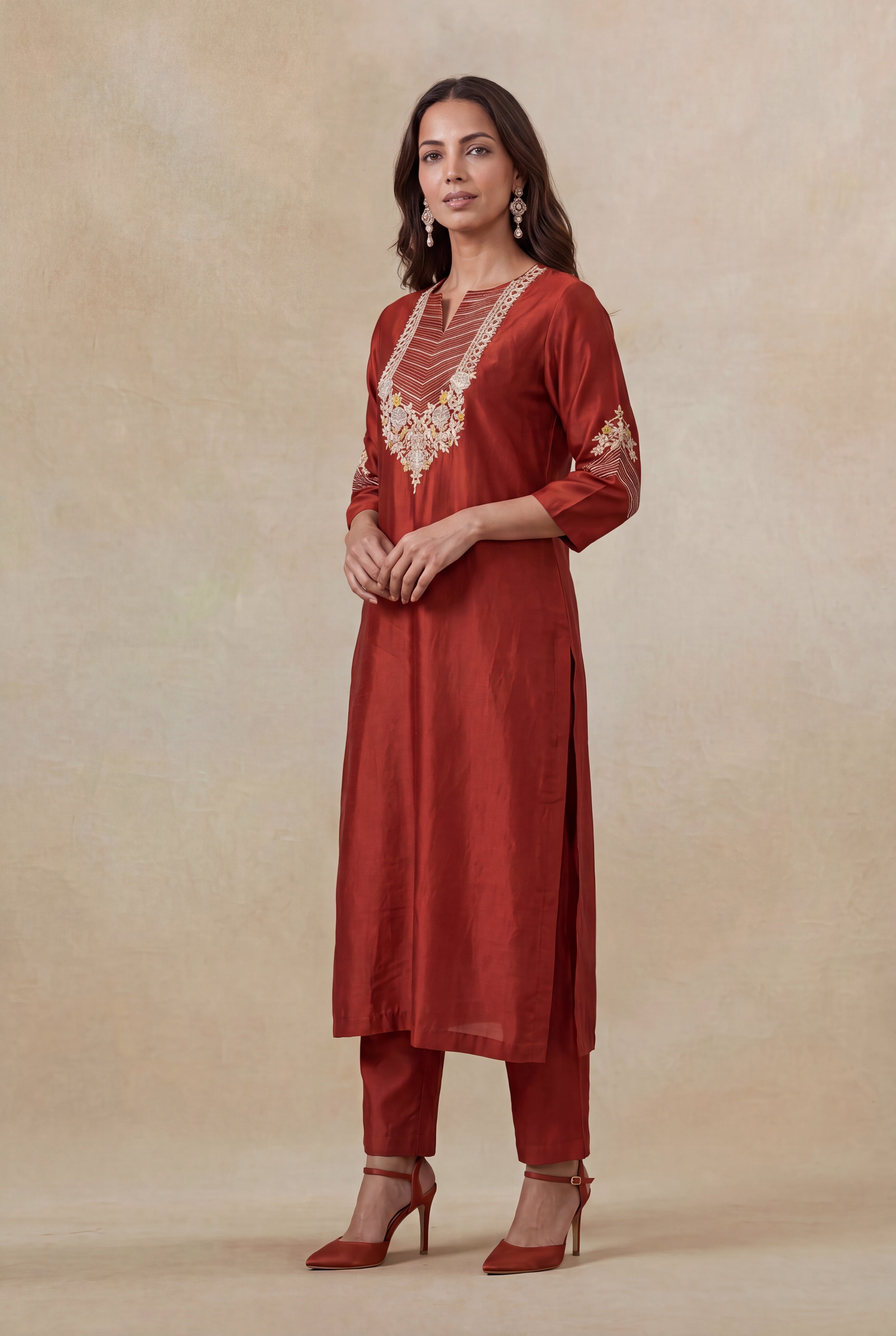 Rust Satin Silk Kurta Set