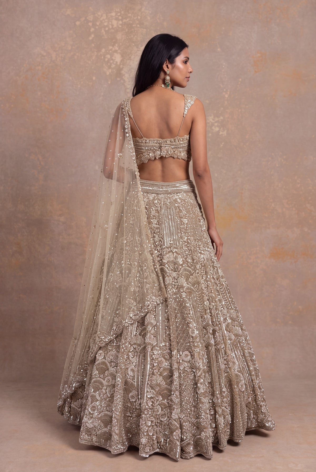 Beige Gold Net Lehenga with Sequin and Bead Embroidery - Mokshaa