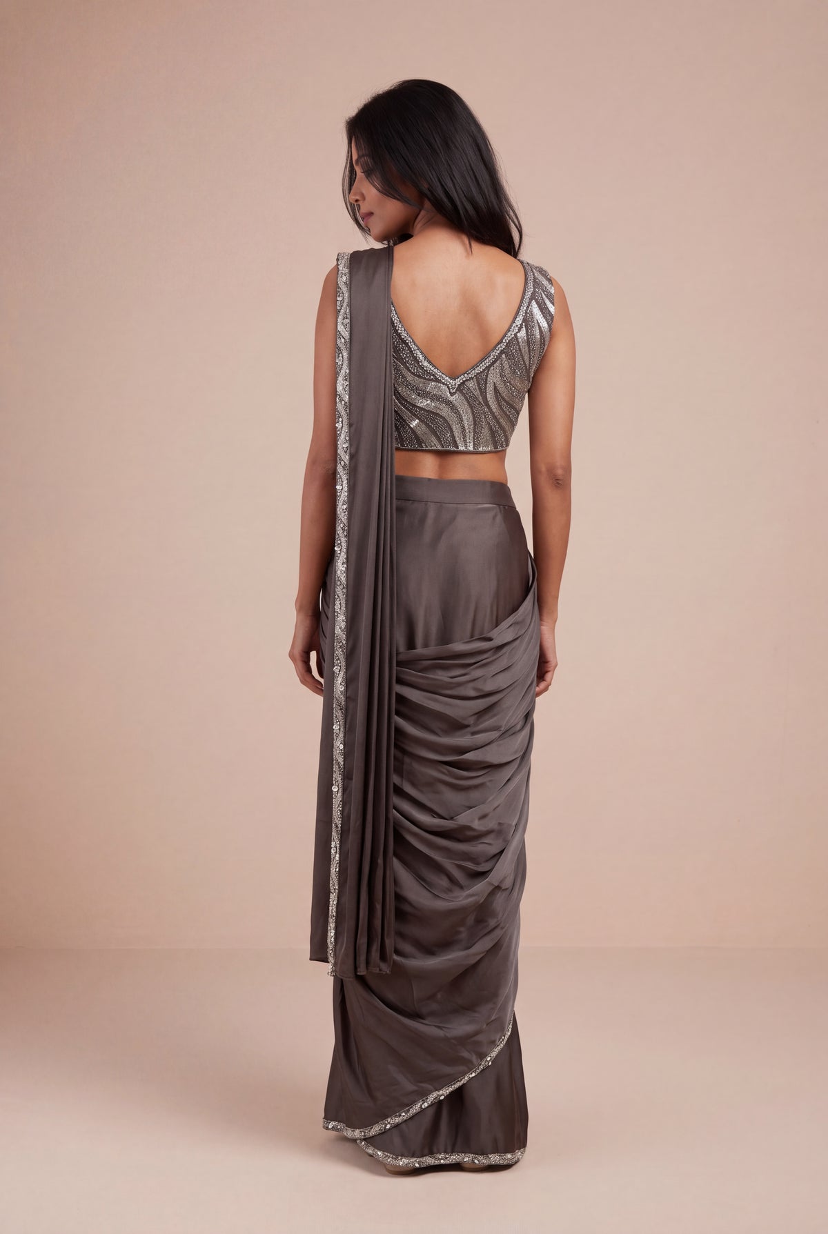 Charcoal Grey Satin Silk Pre-Draped Saree - Mokshaa