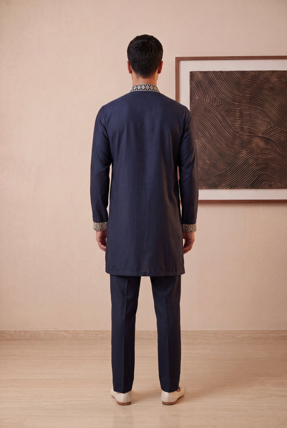 Navy Blue Embroidered Silk Kurta Set - Mokshaa