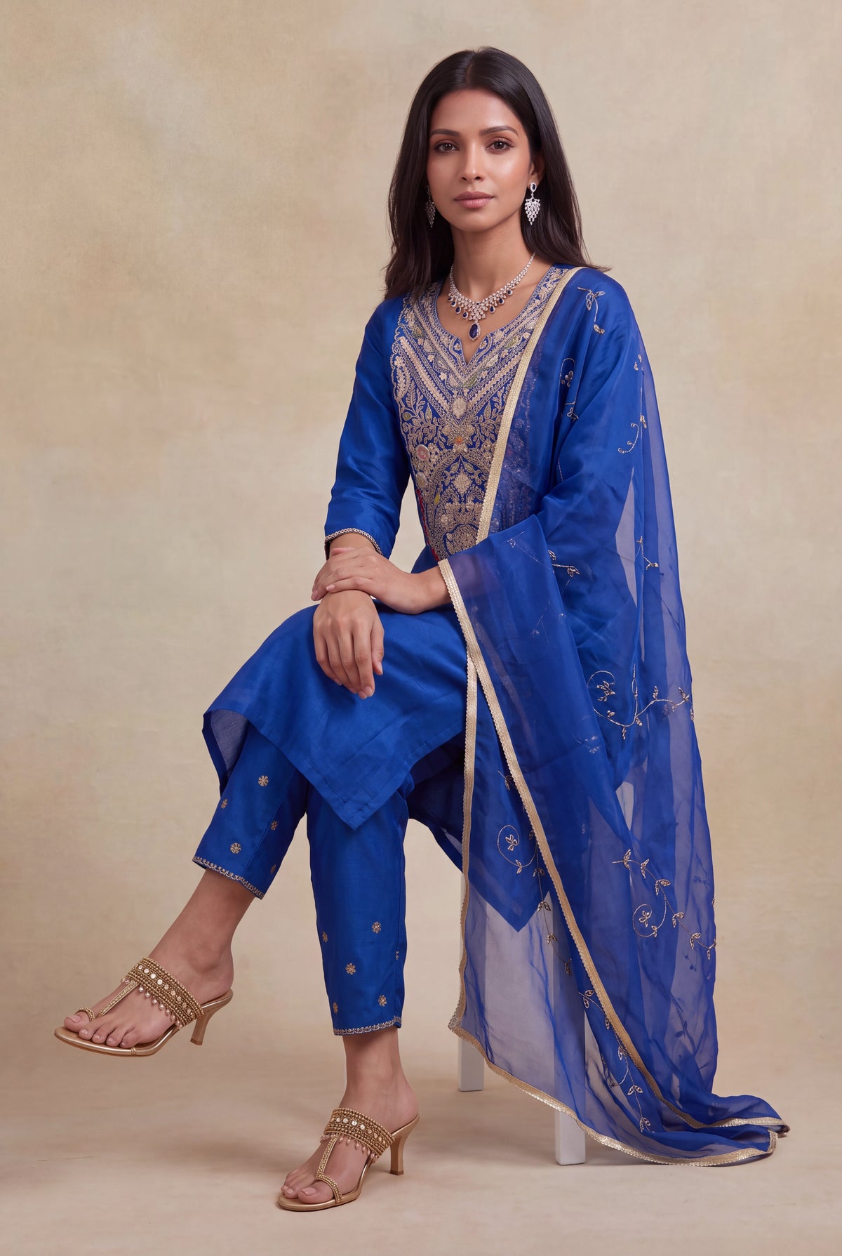 Royal Blue Silk Salwar Set - Mokshaa
