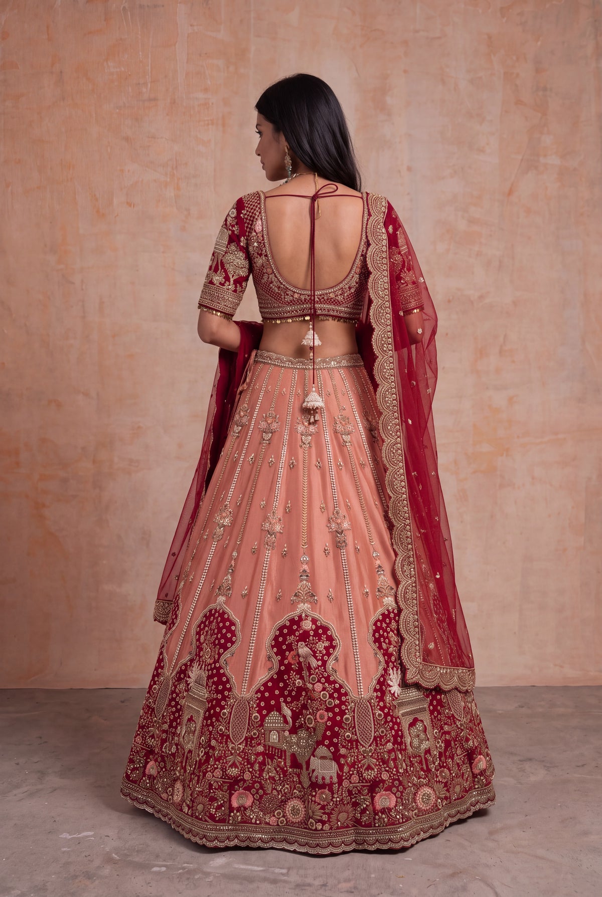 Peach & Deep Red Tissue Bridal Lehenga - Mokshaa