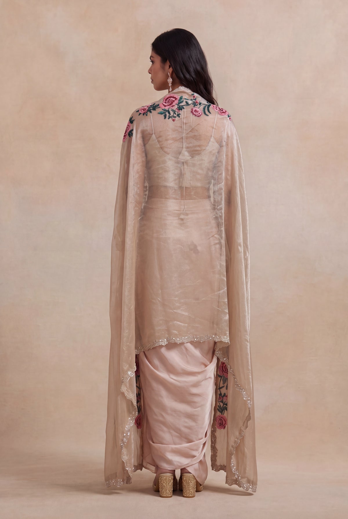 Blush Satin Floral Embroidered Indo-Western Cape Set - Mokshaa