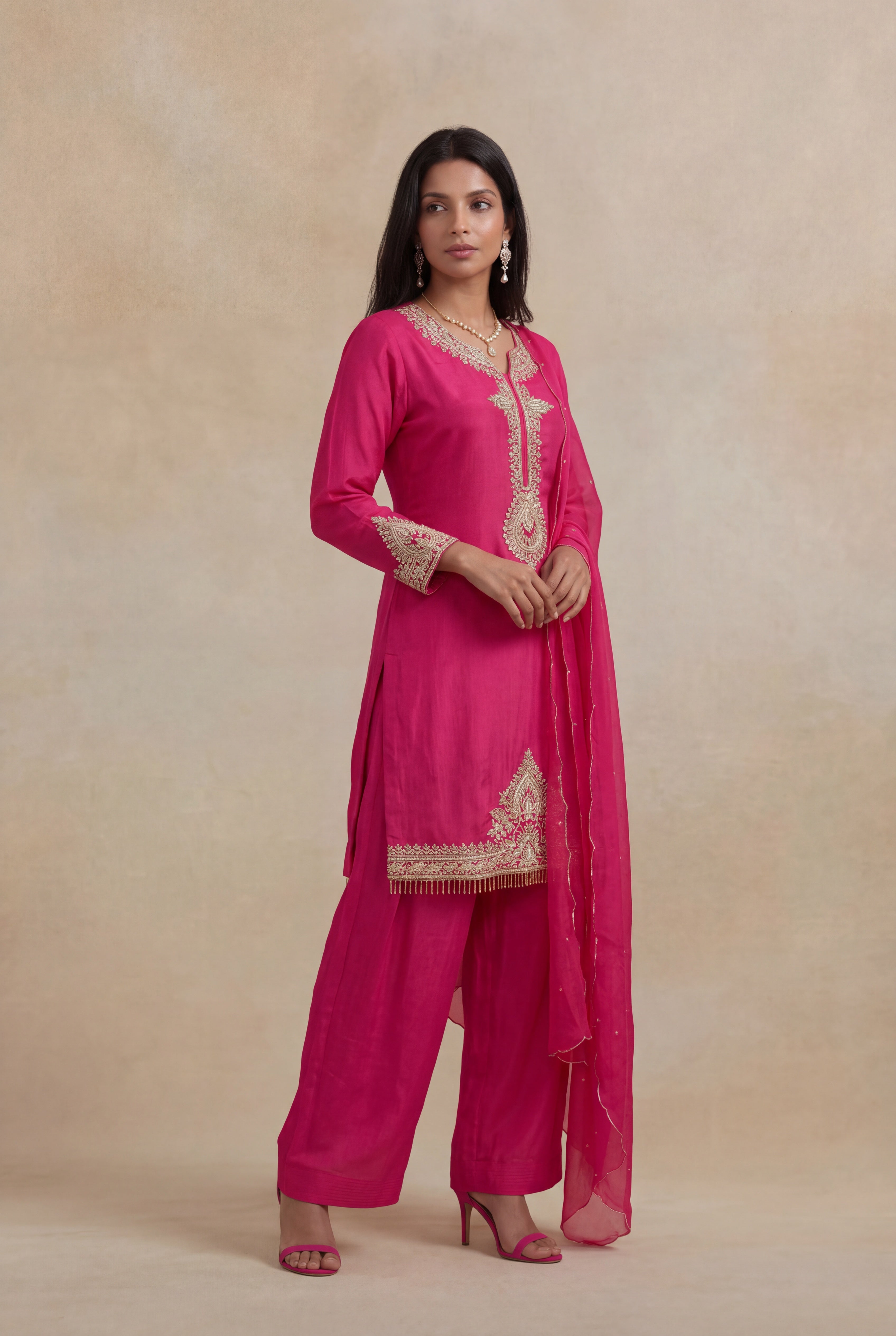 Rani Pink Crepe Embroidered Short Top Sharara Set