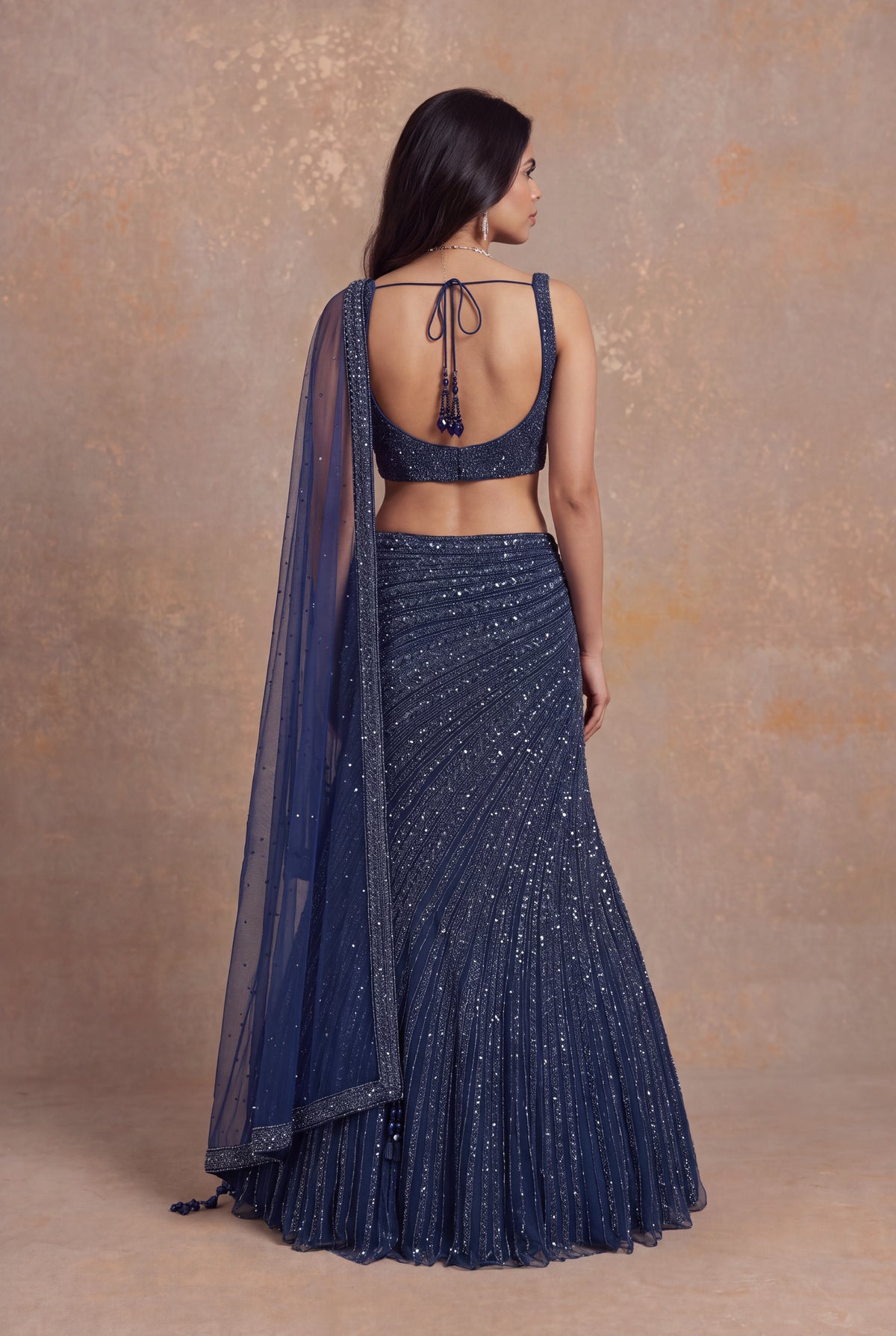 Navy Blue Fish Cut Net Lehenga - Mokshaa