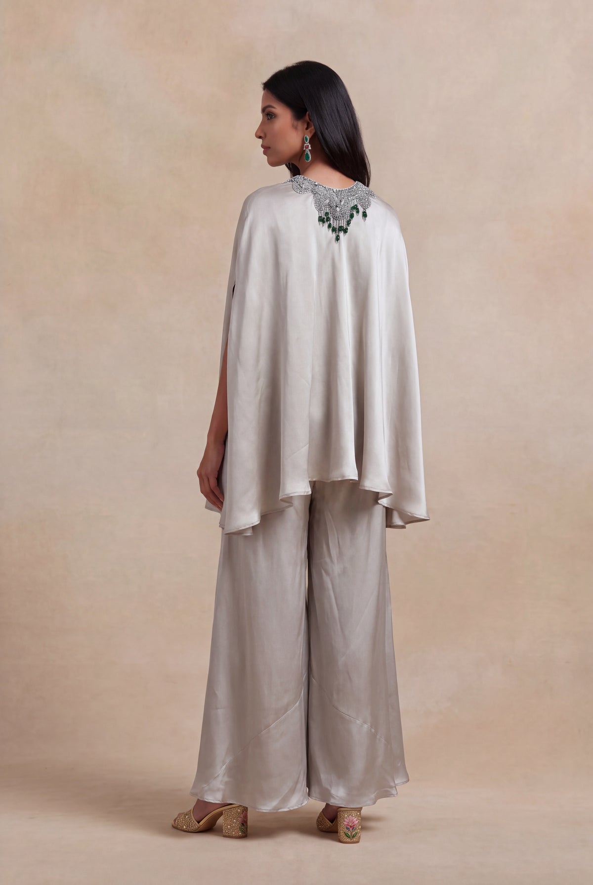Silver Grey Satin Silk Cape Set with Bead Embellishment - Mokshaa