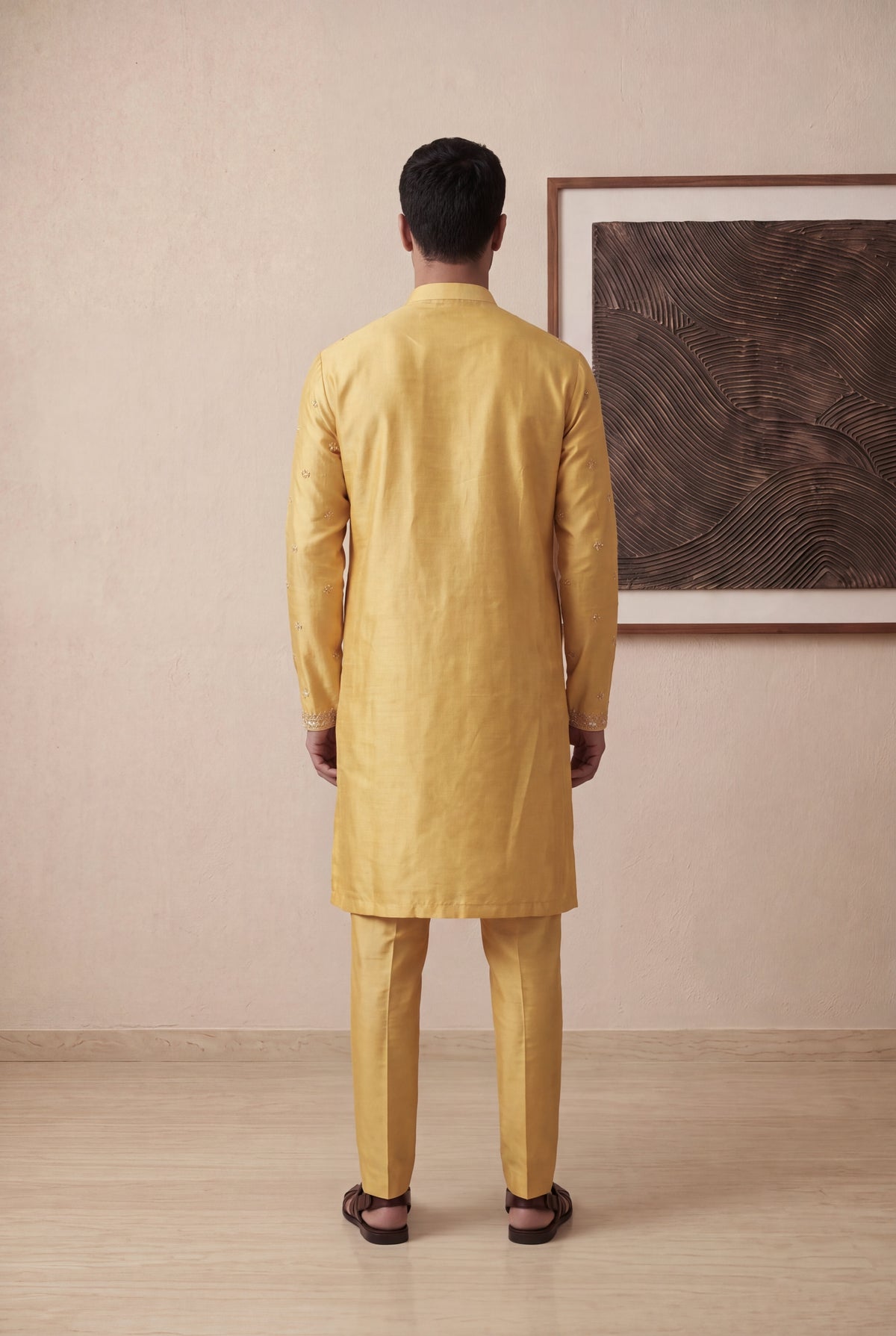 Yellow Raw Silk Embroidered Kurta Pant - Mokshaa