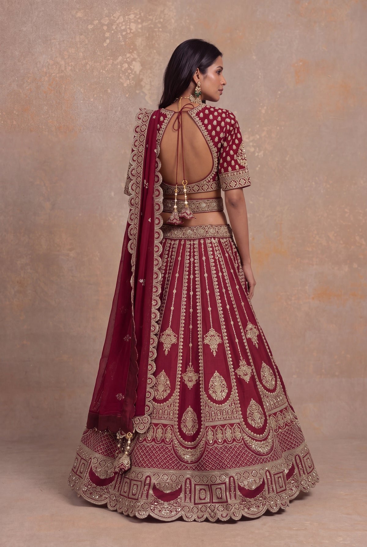 Maroon Raw Silk Lehenga Set with Zari and Pearl Embroidery - Mokshaa
