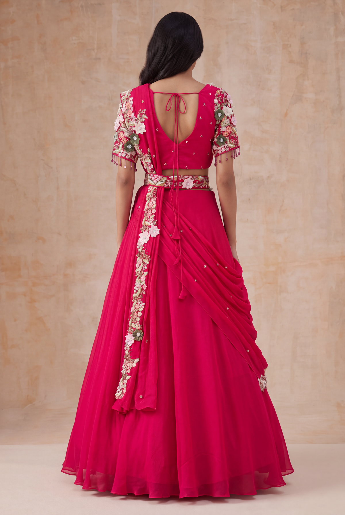 Pink Crepe Half Saree Lehenga with 3D Floral Work - Mokshaa
