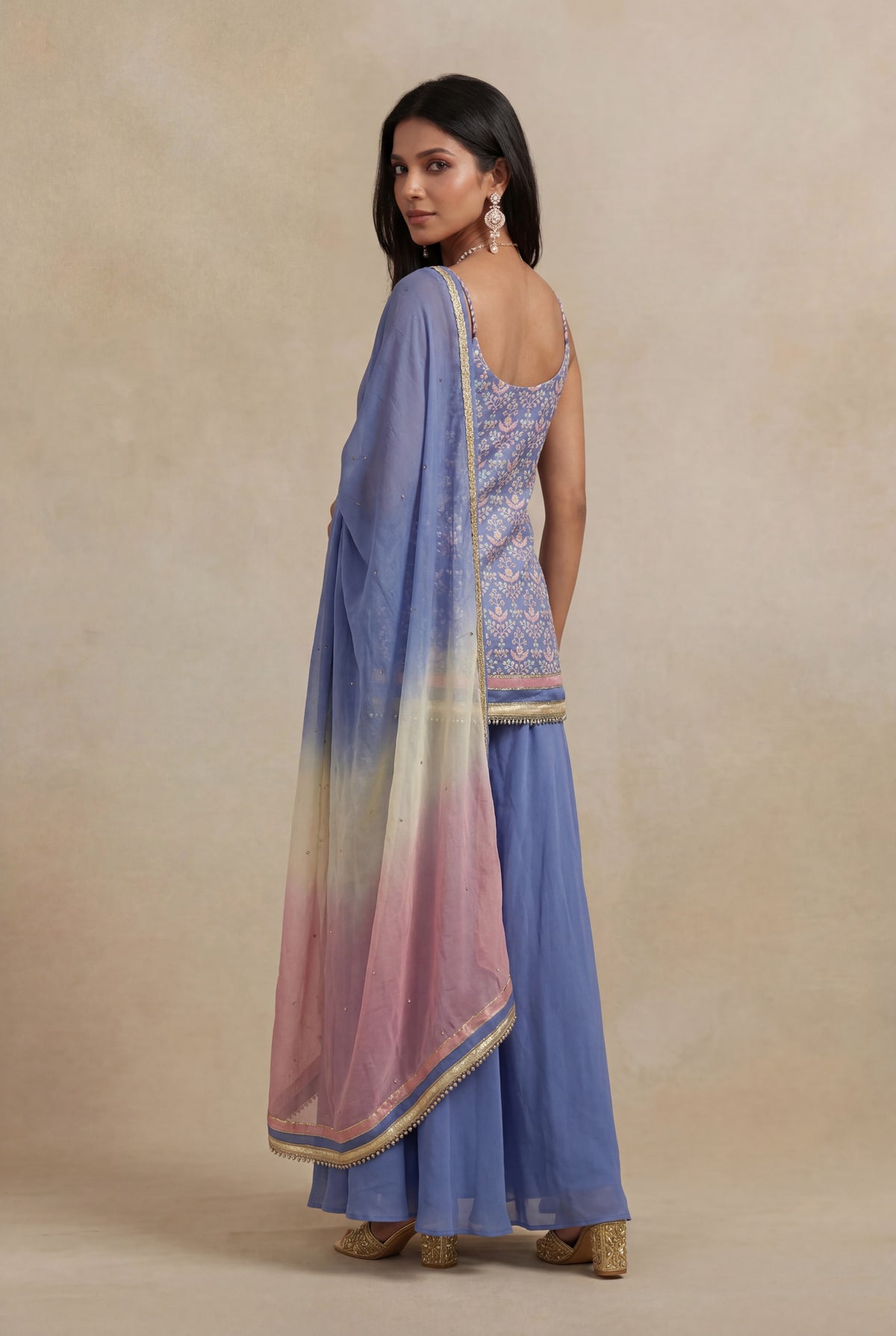 Periwinkle Blue Silk Mirror Work Indo Western Set - Mokshaa