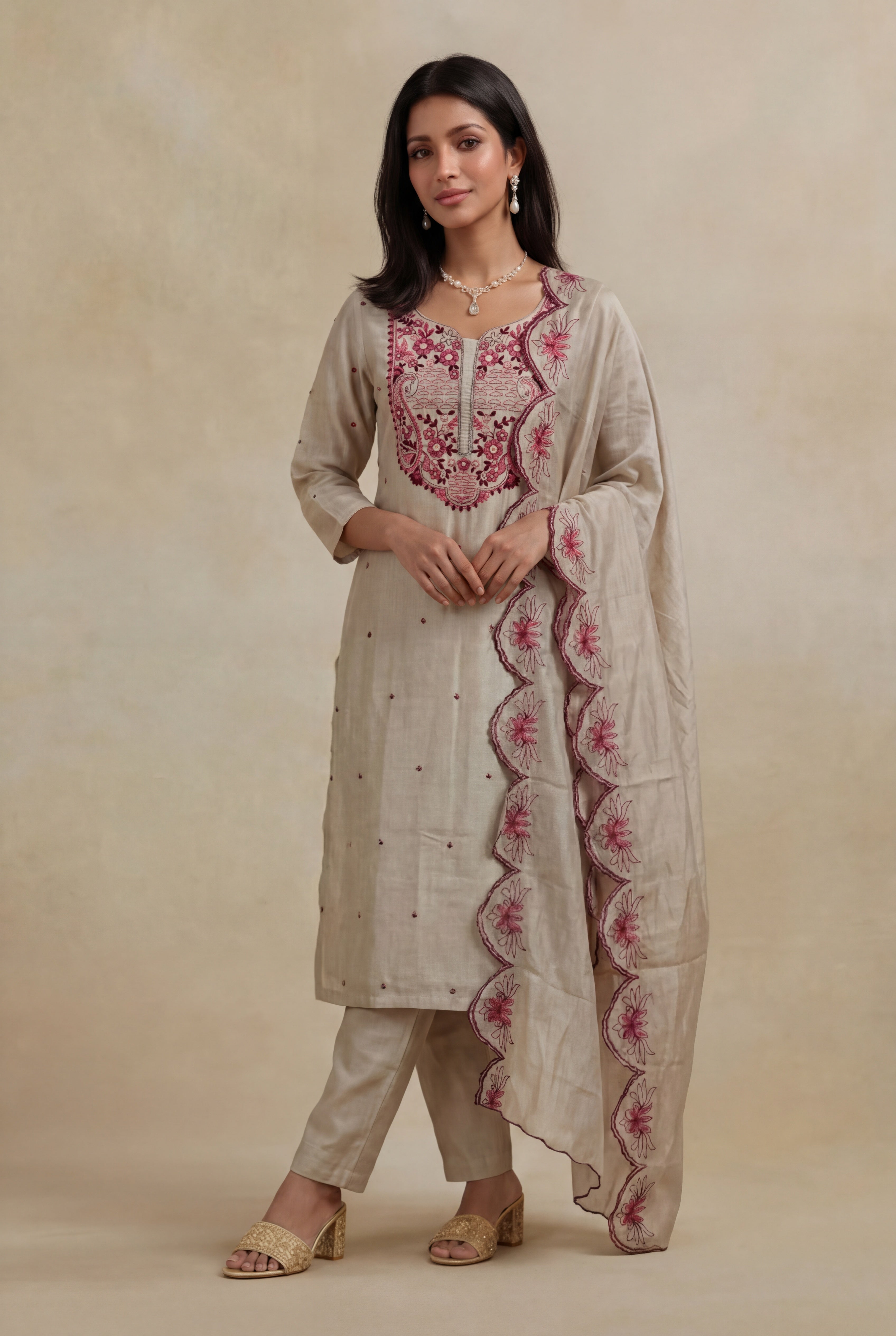 Beige Mulmul Cotton Straight Cut Salwar Set
