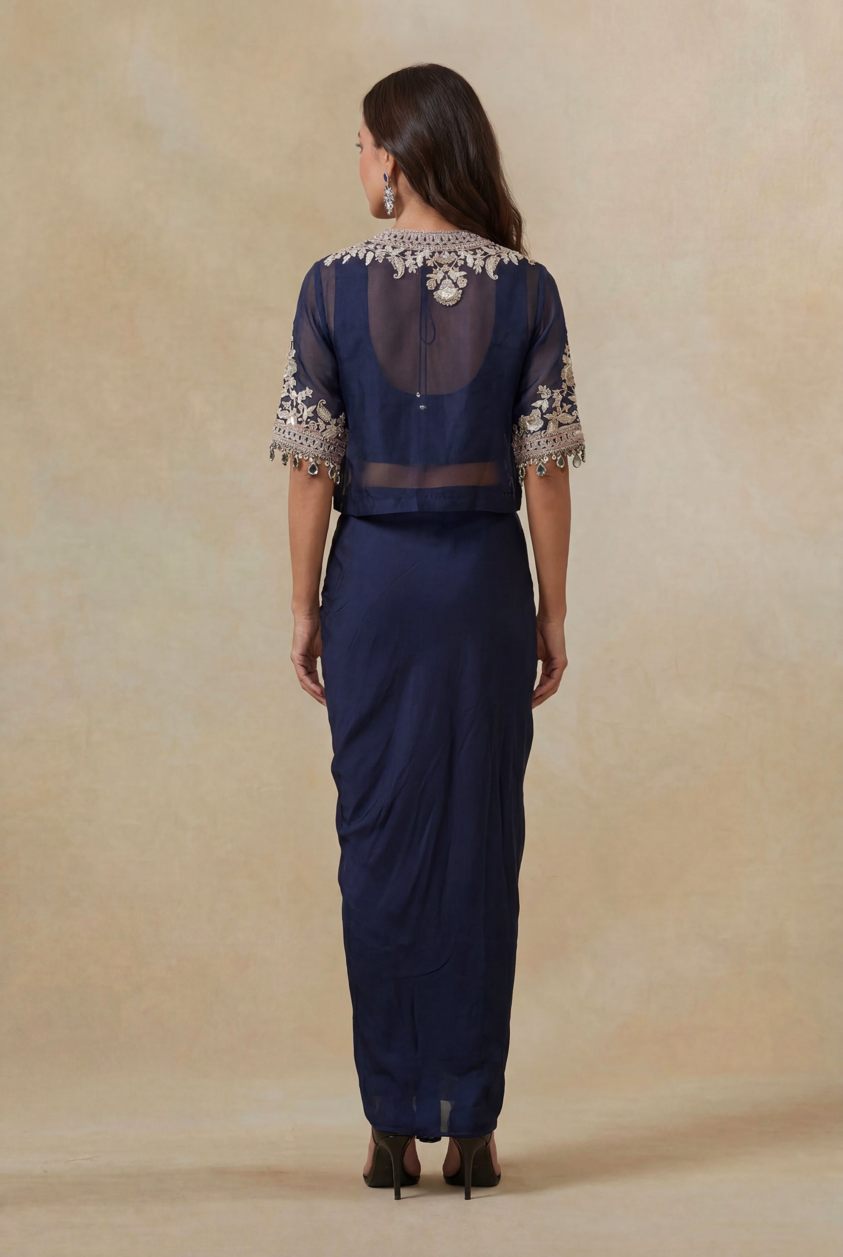 Navy Blue Embroidered Silk Indo-Western