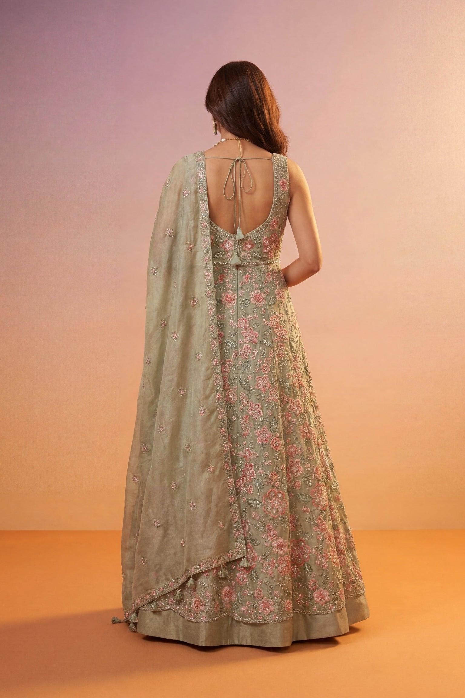 Sage Green Tissue Silk Indo-Western Lehenga