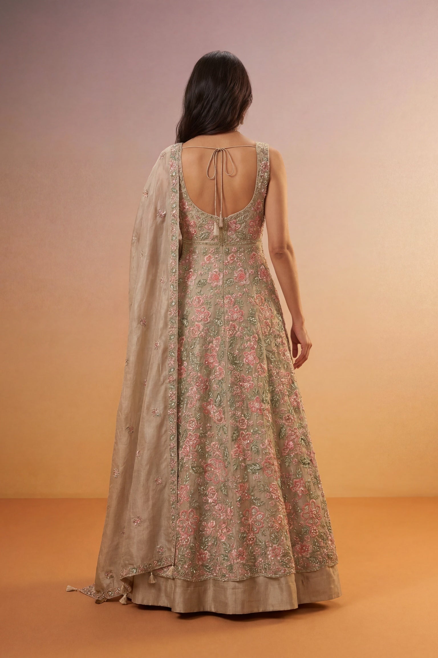 Champagne Beige Tissue Silk Indo-Western Lehenga
