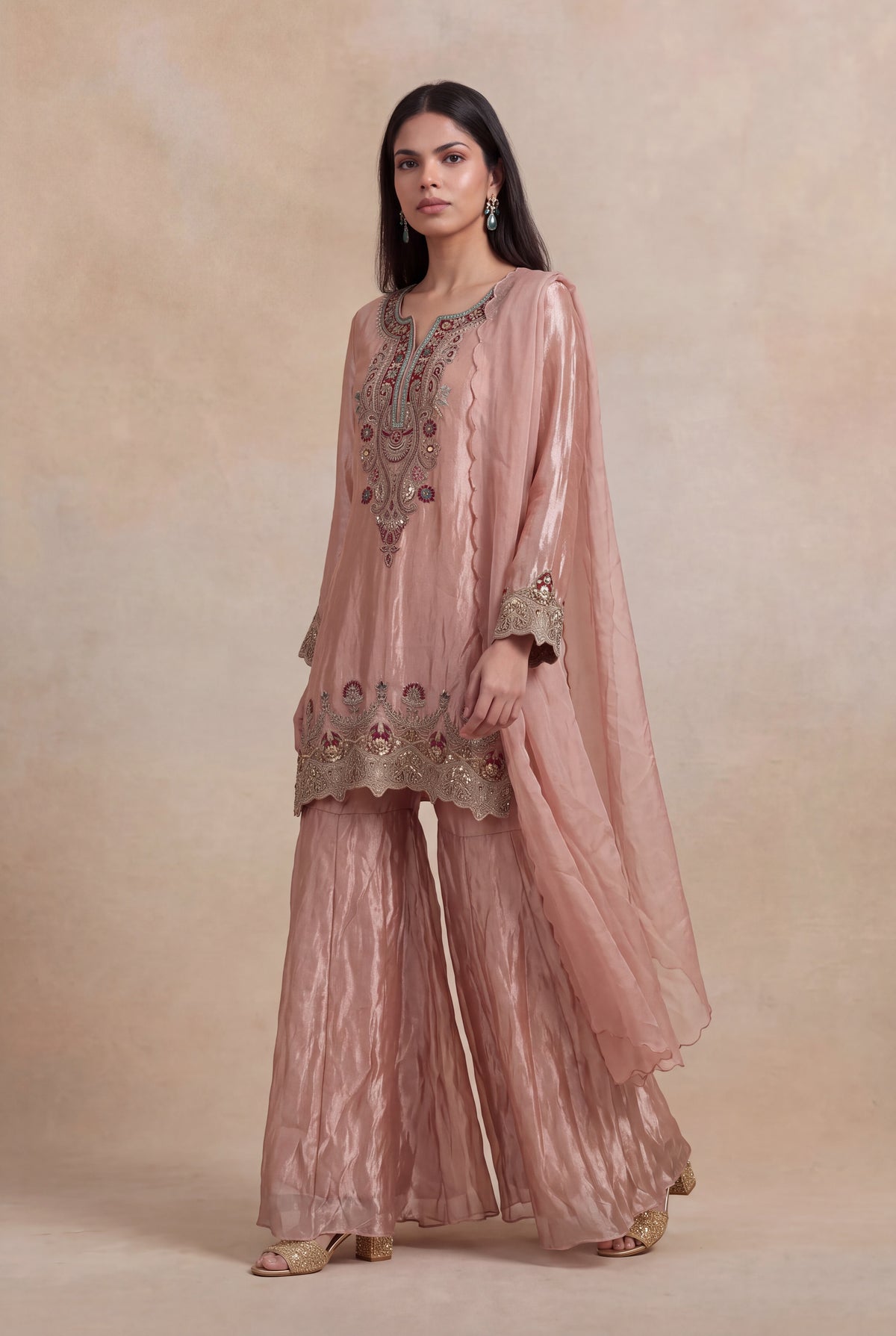 Blush Pink Tissue Sharara Set with Zardosi & Kundan Work - Mokshaa