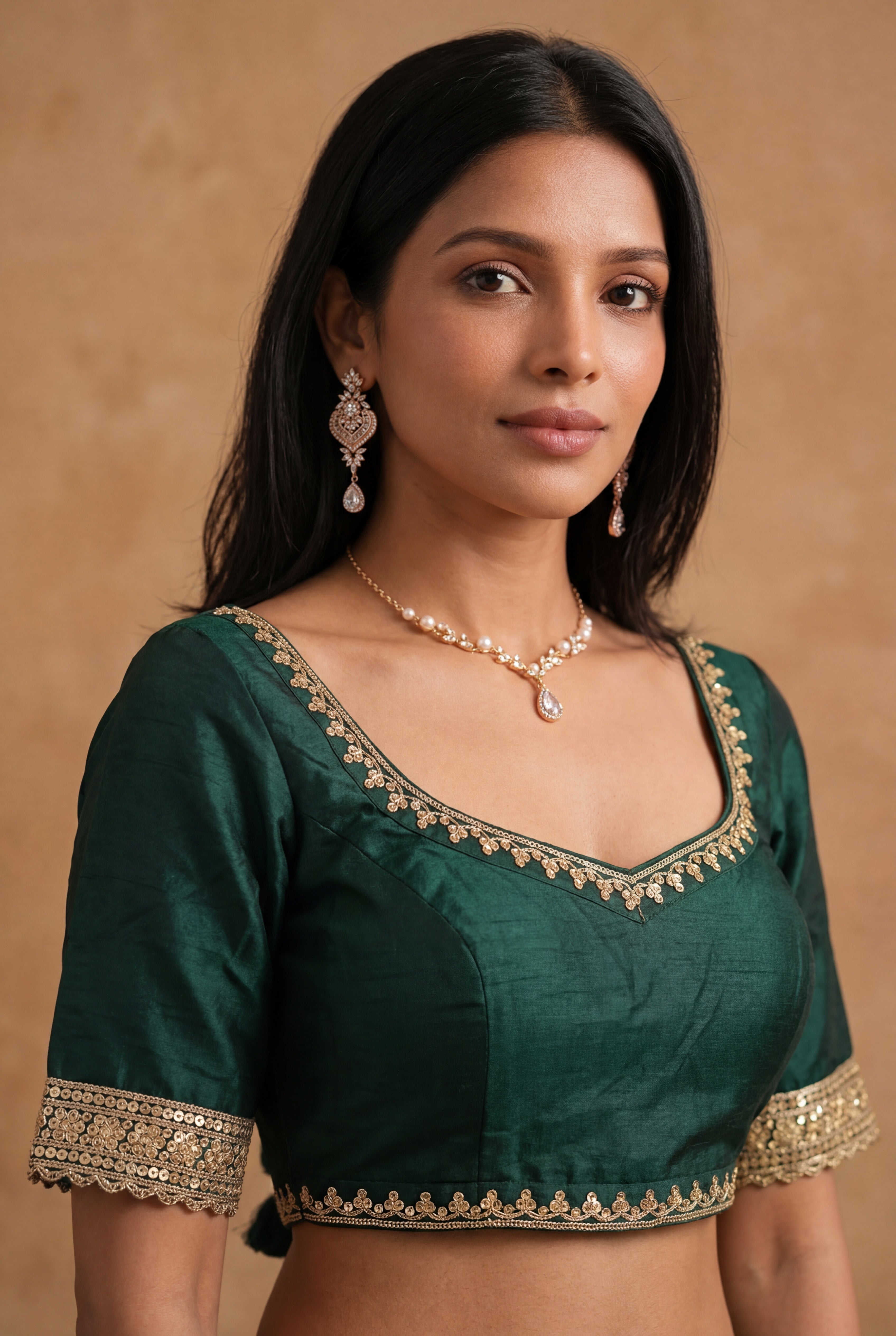 Green Satin Saree with Gold Sequin Border