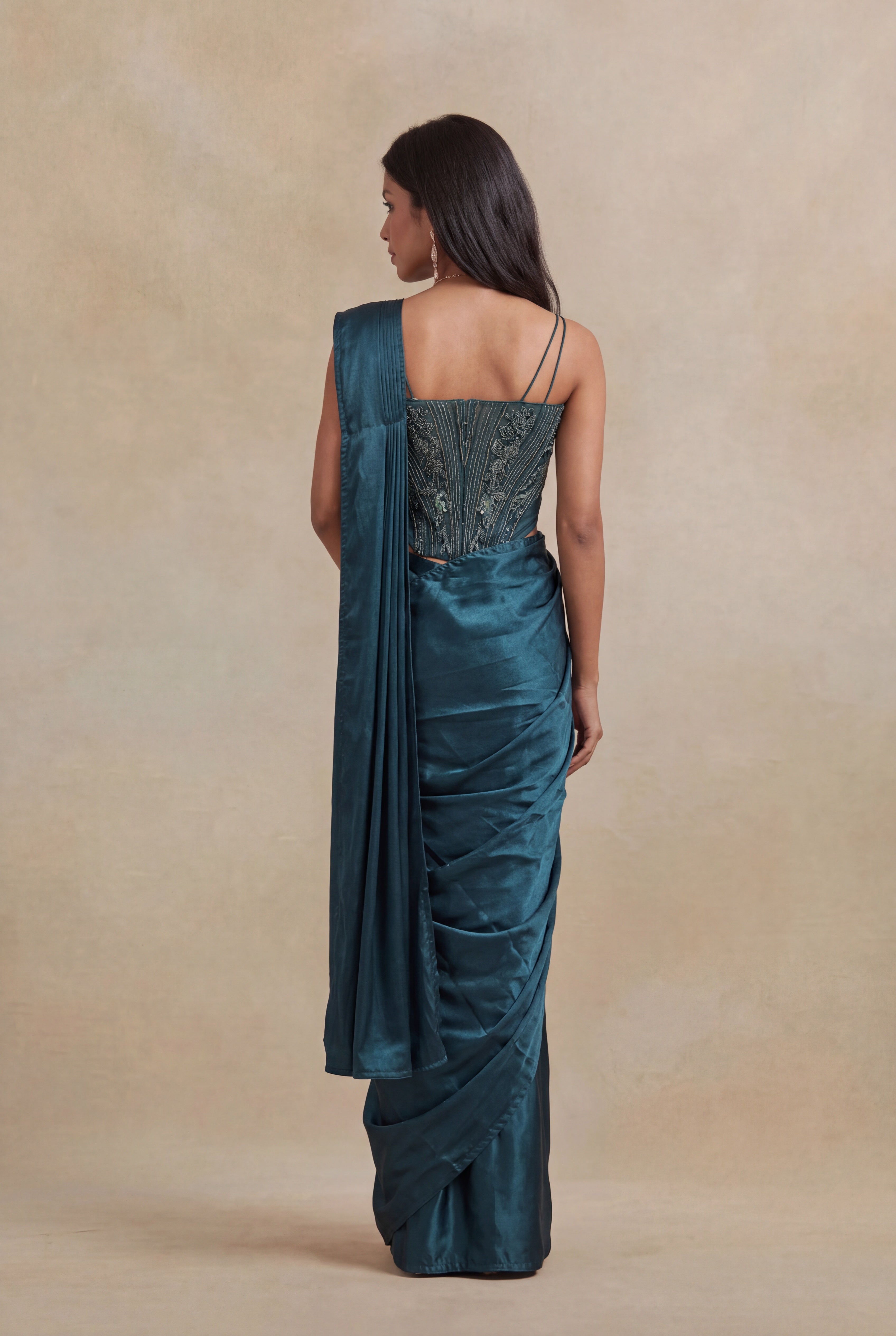 Bottle Green Satin Silk Pre-Draped Saree