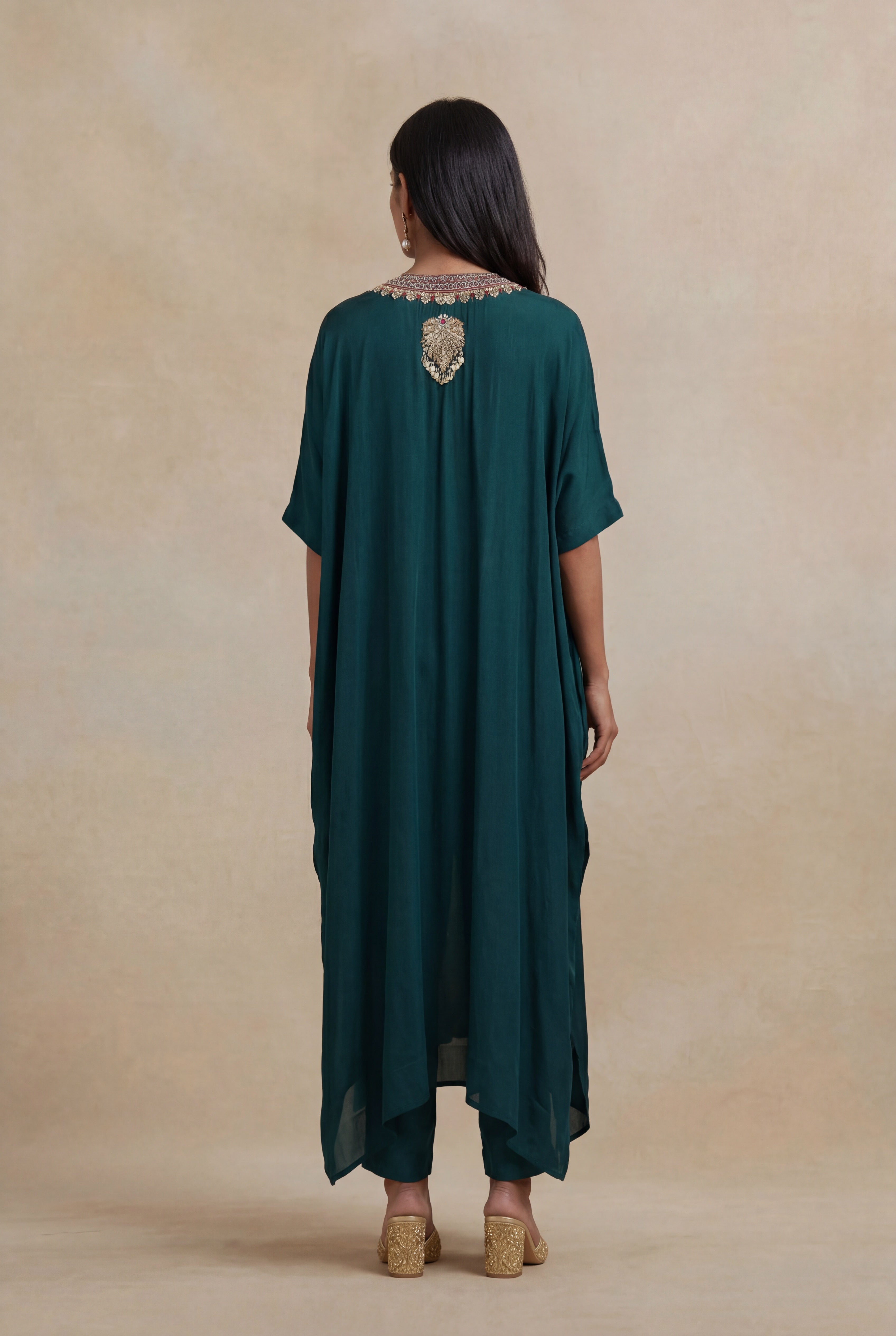 Emerald Green Satin Silk Embroidered Kaftan Set
