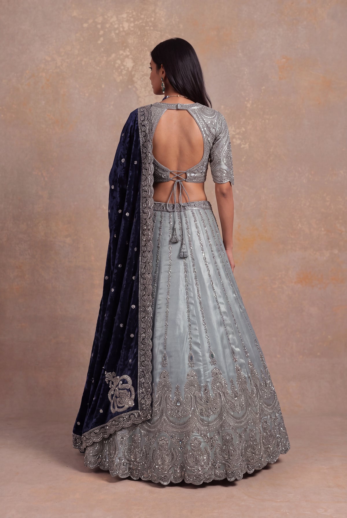 Ice Blue Shimmer Tissue Lehenga - Mokshaa