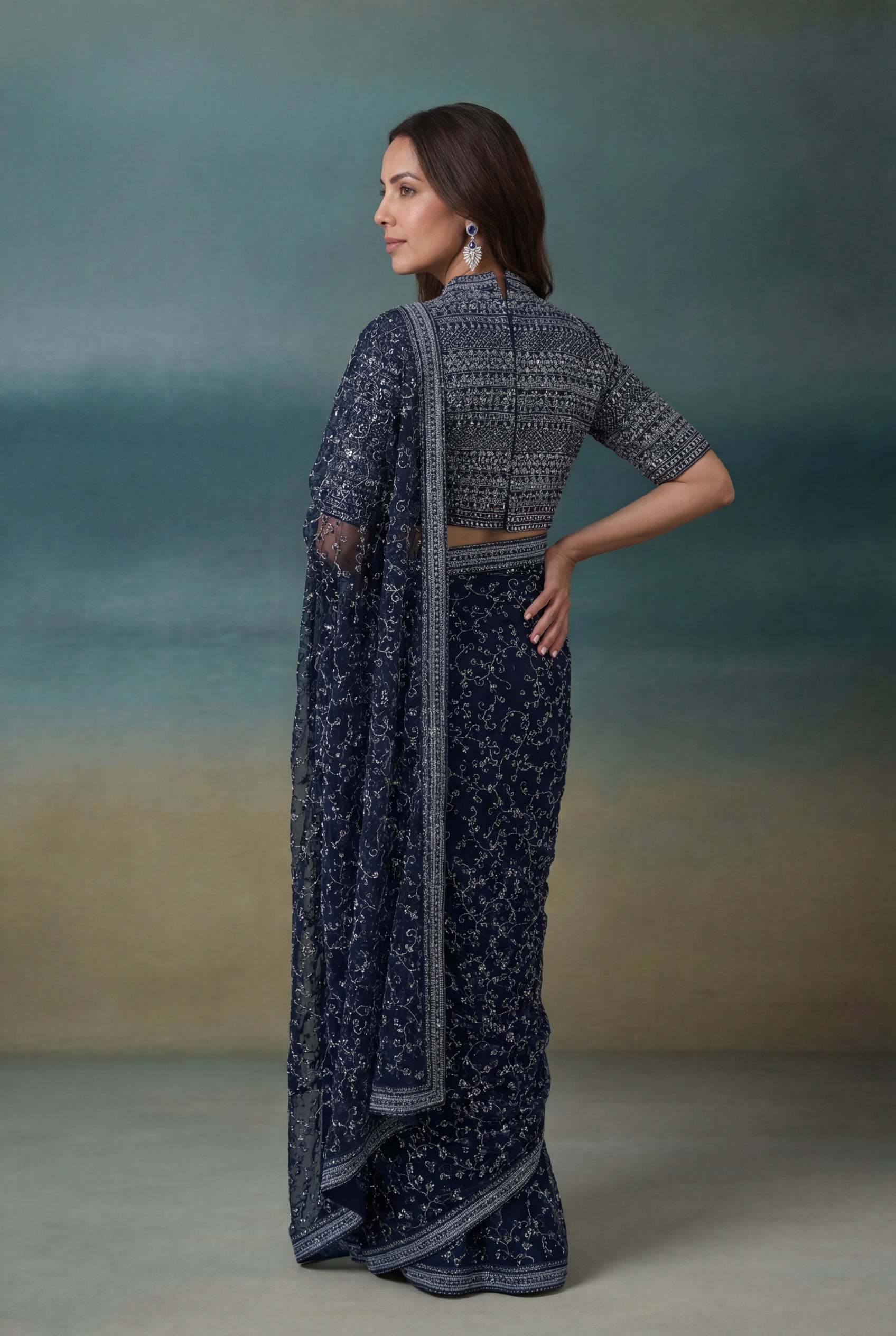 Navy Blue Net Saree