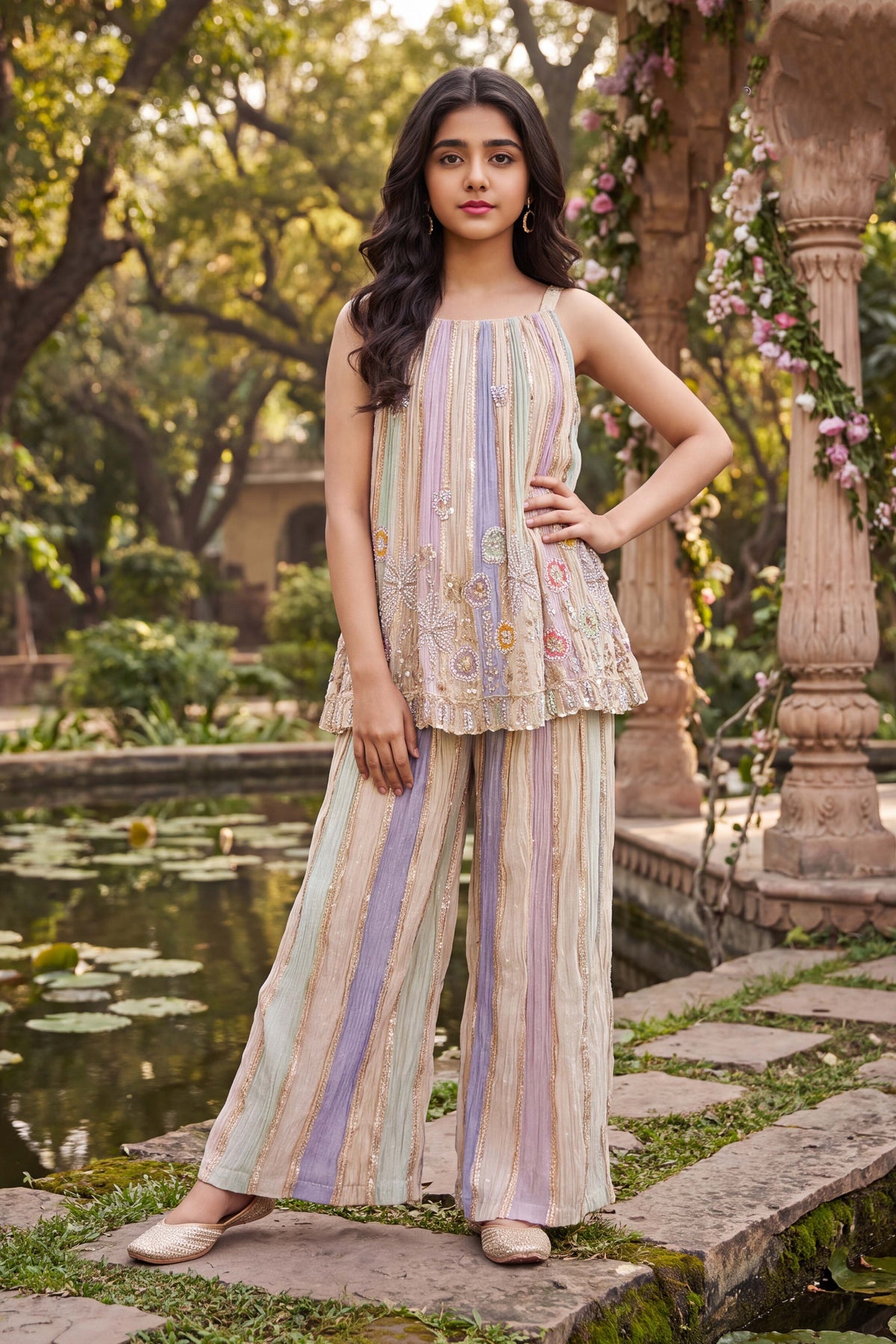 Pastel Multicolour Banaras Tissue Embroidered Top with Palazzo Pants - Mokshaa