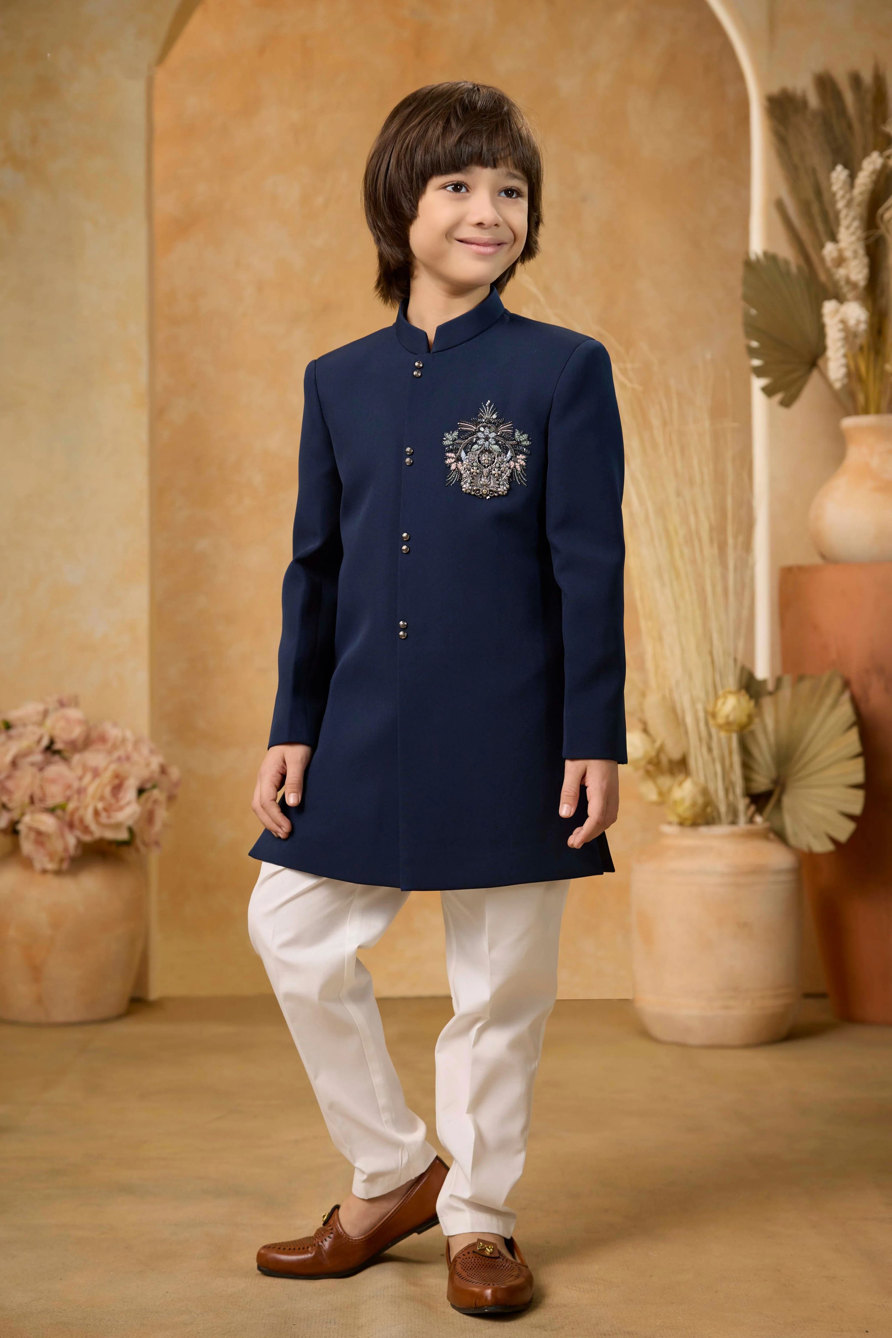 Boys Navy Blue Jodhpuri Suit with Embroidered Crest - Mokshaa