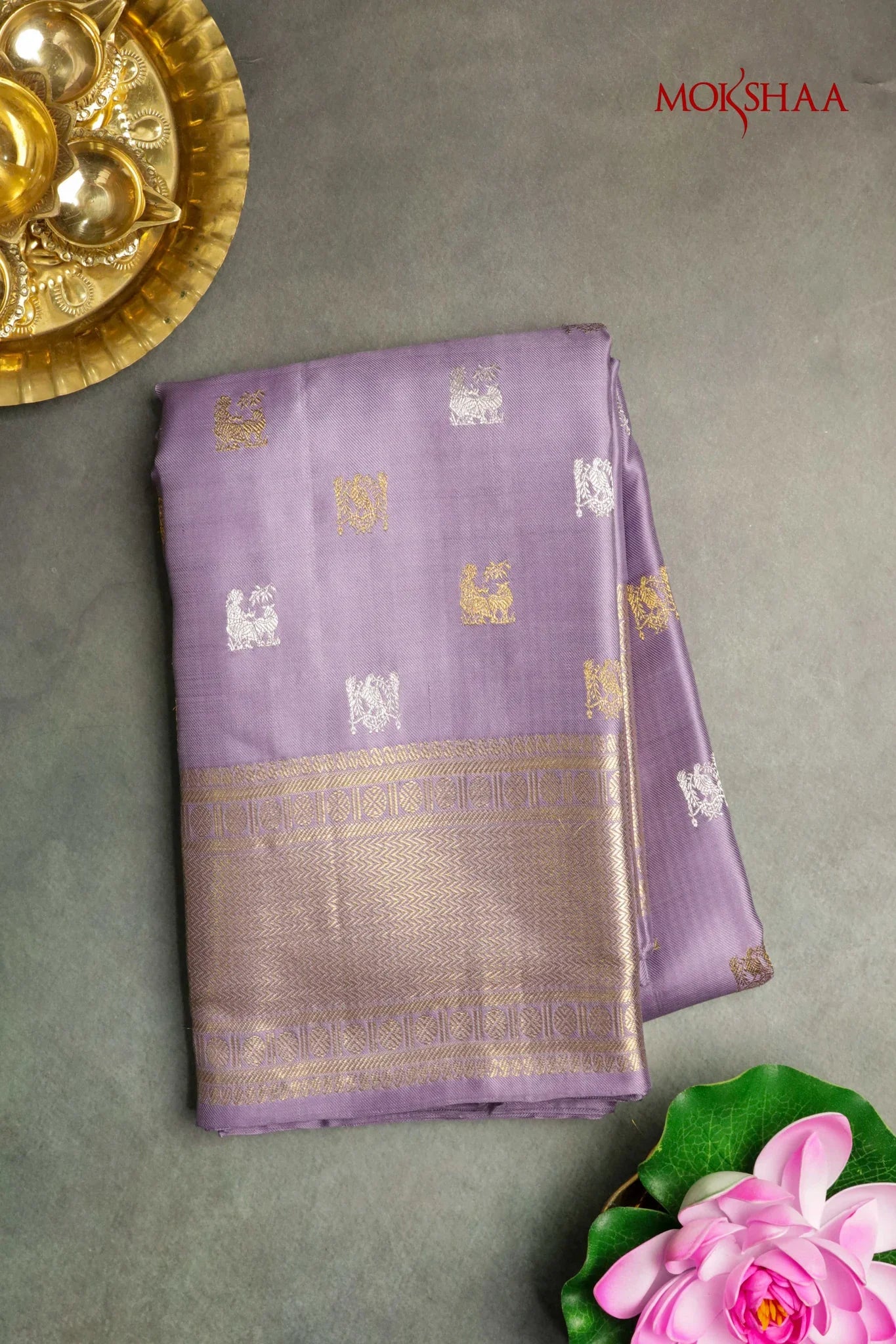 Lavender Kanchivaram Silk Saree with Gold & Silver Zari - Mokshaa
