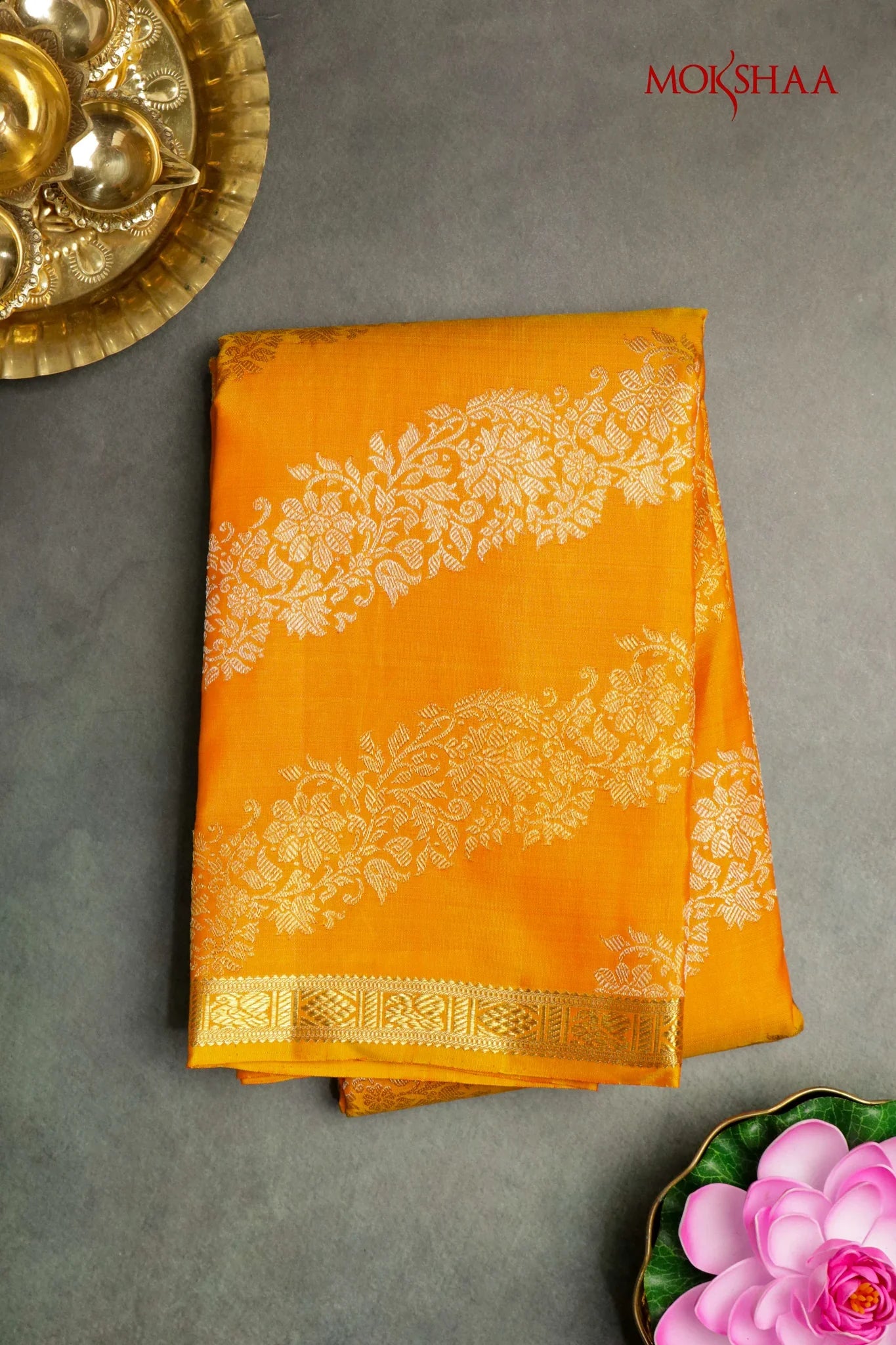 Mango Yellow Kanchivaram Silk Saree with Gold & Silver Stripes - Mokshaa