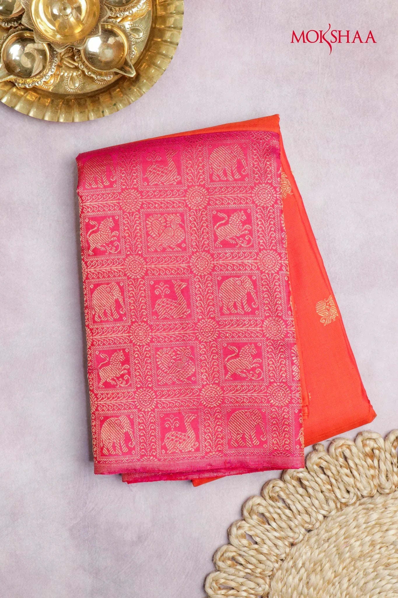 Orange Kanchivaram Silk Saree with Butta & Contrast Vanasingaram Border - Mokshaa