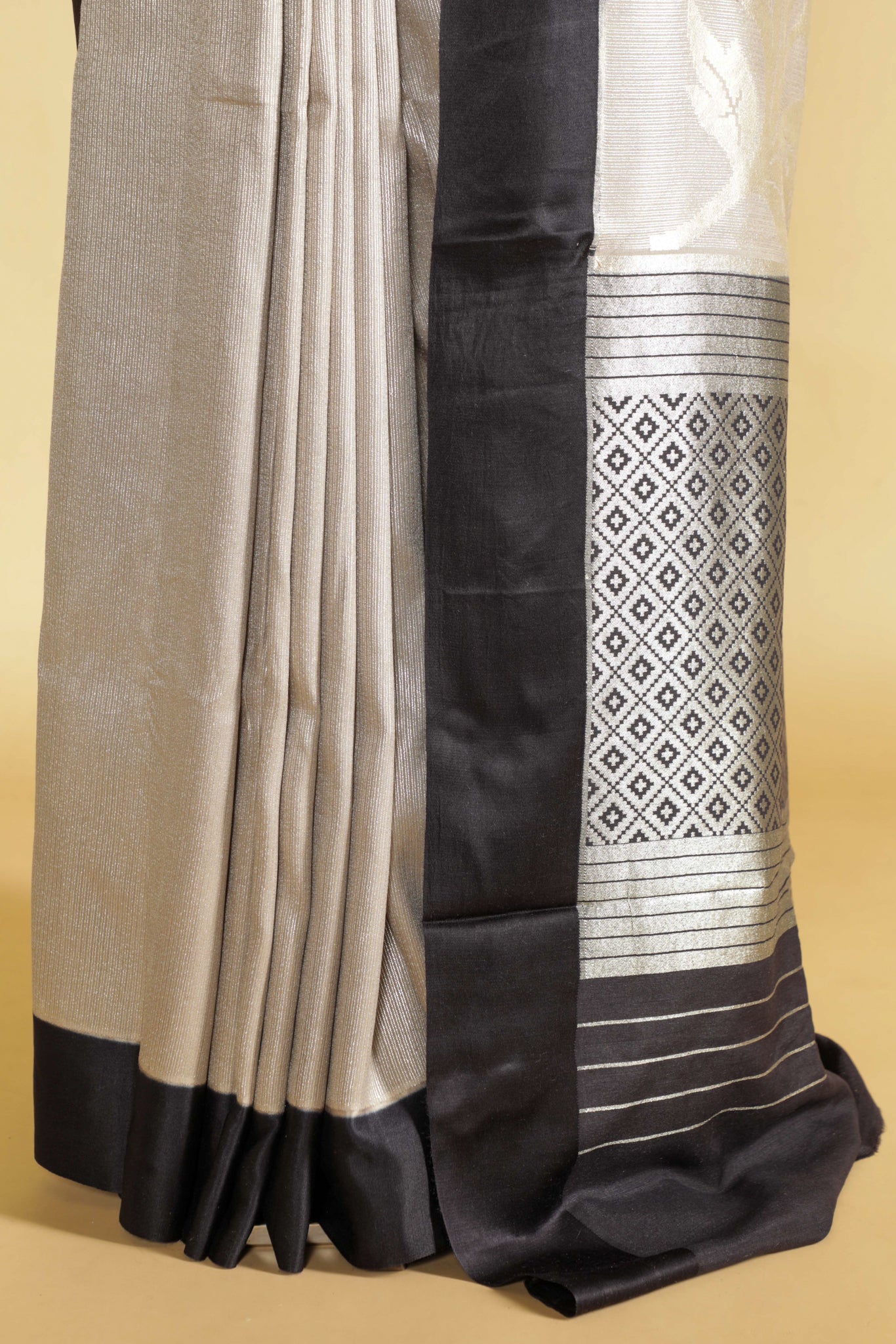 Off White Handloom Silk Saree with Silver Zari Weaving - Mokshaa