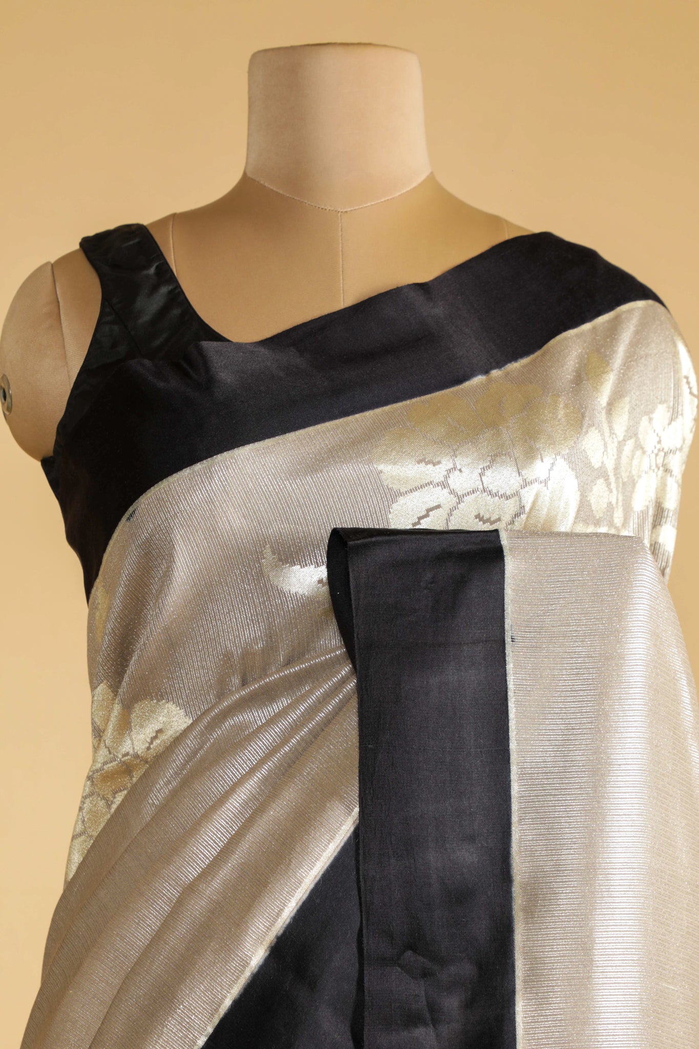 Off White Handloom Silk Saree with Silver Zari Weaving - Mokshaa