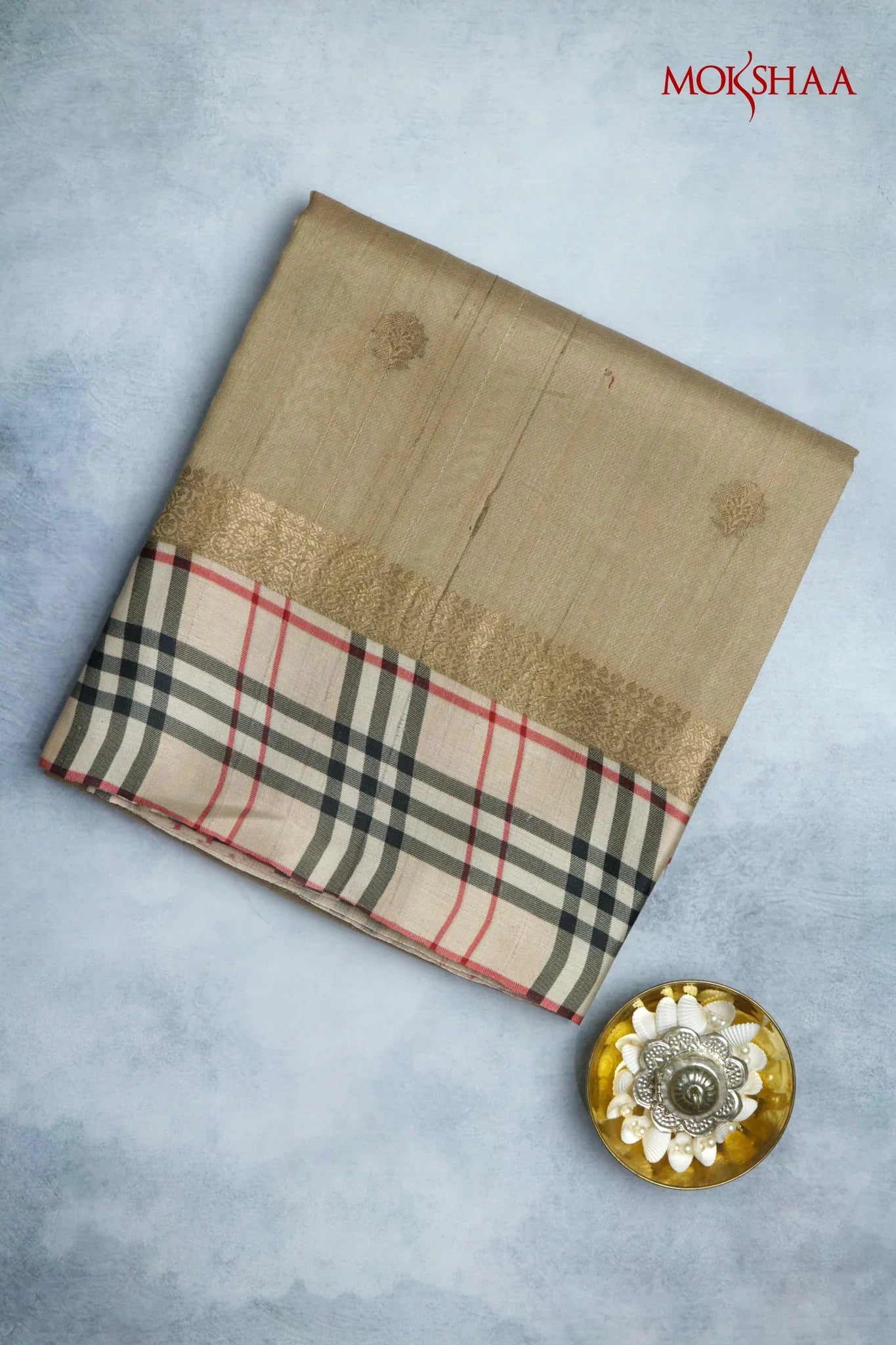 Dusty Gold Tussar Silk Saree with Golden Buttas & Printed Border - Mokshaa