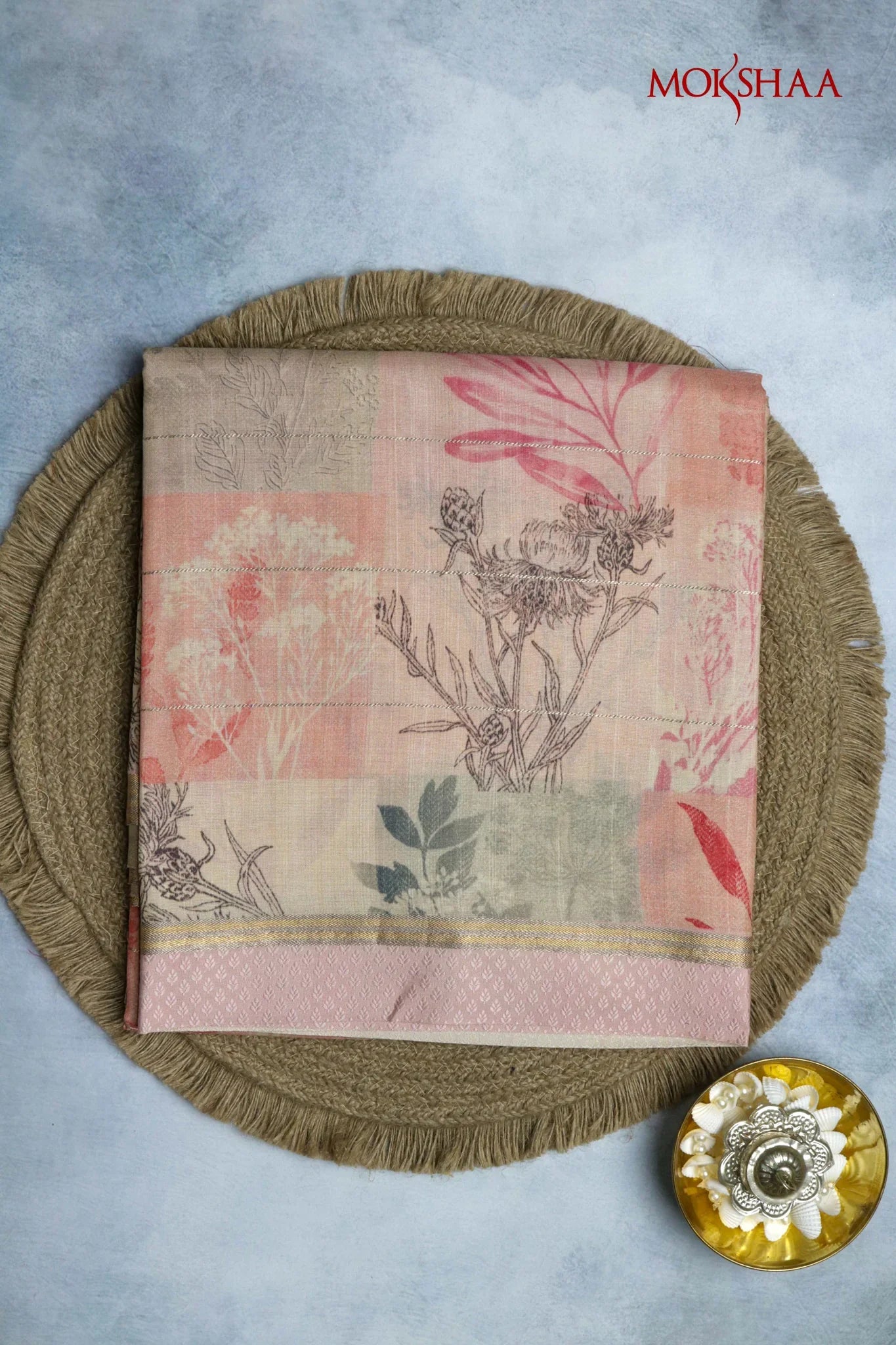 Peach Tussar Silk Saree with Golden Stripes & Printed Motifs - Mokshaa