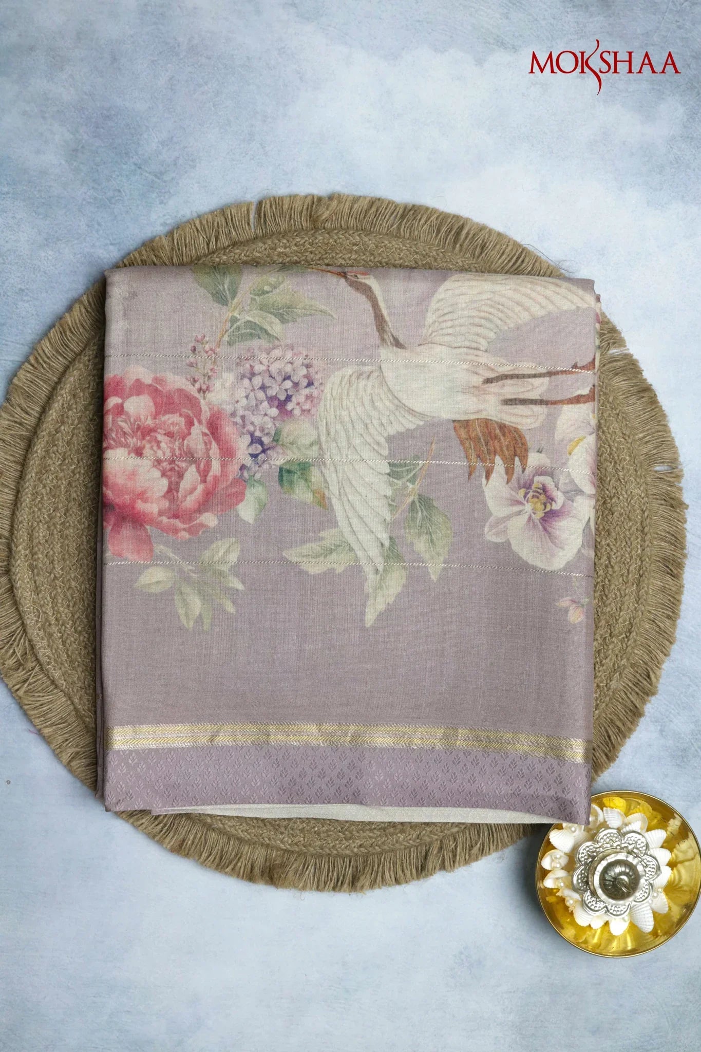 Light Lavender Tussar Silk Saree with Golden Stripes & Printed Body - Mokshaa