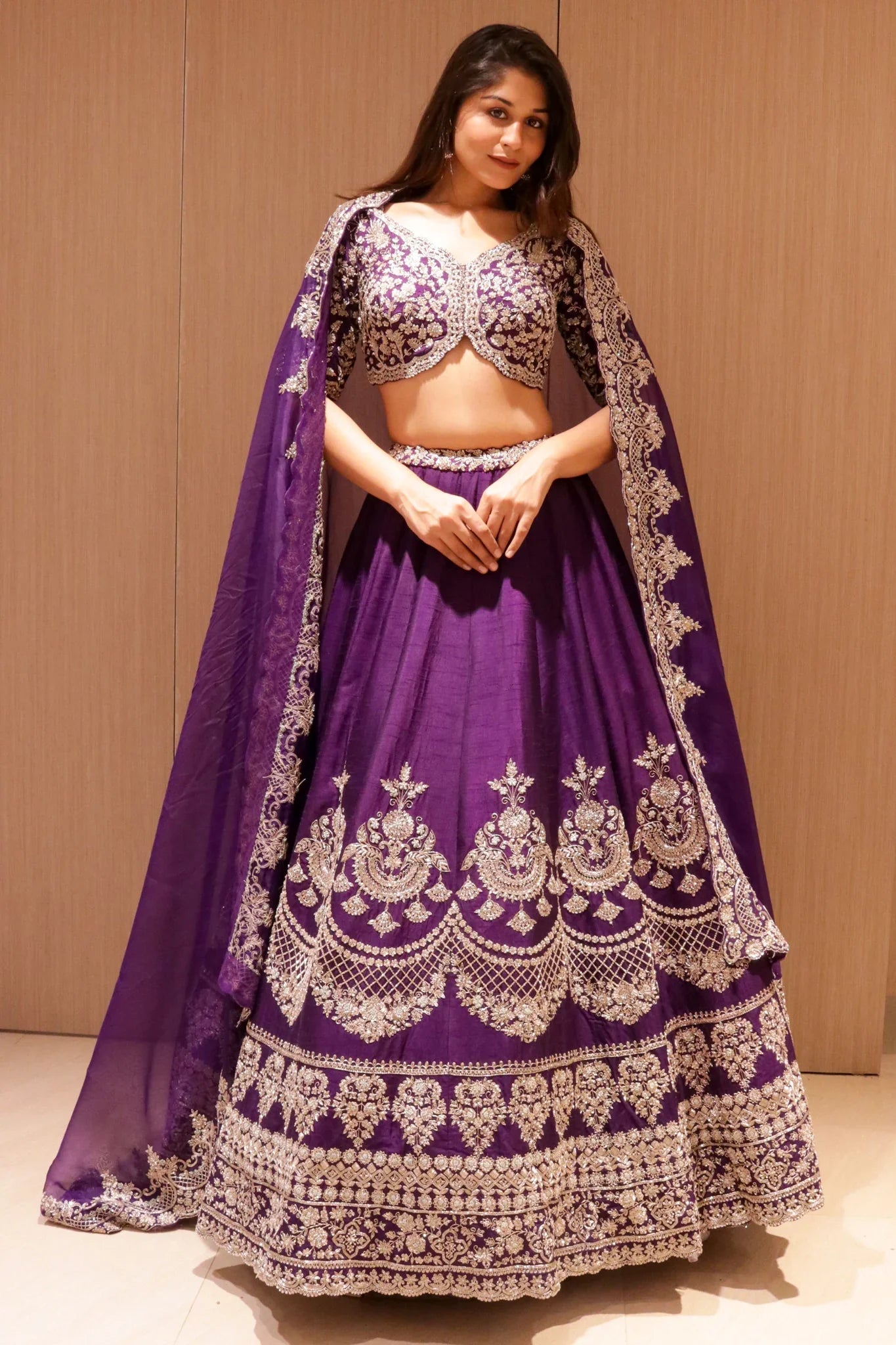 Violet Raw Silk Bridal Lehenga with Zardozi Embroidery - Mokshaa
