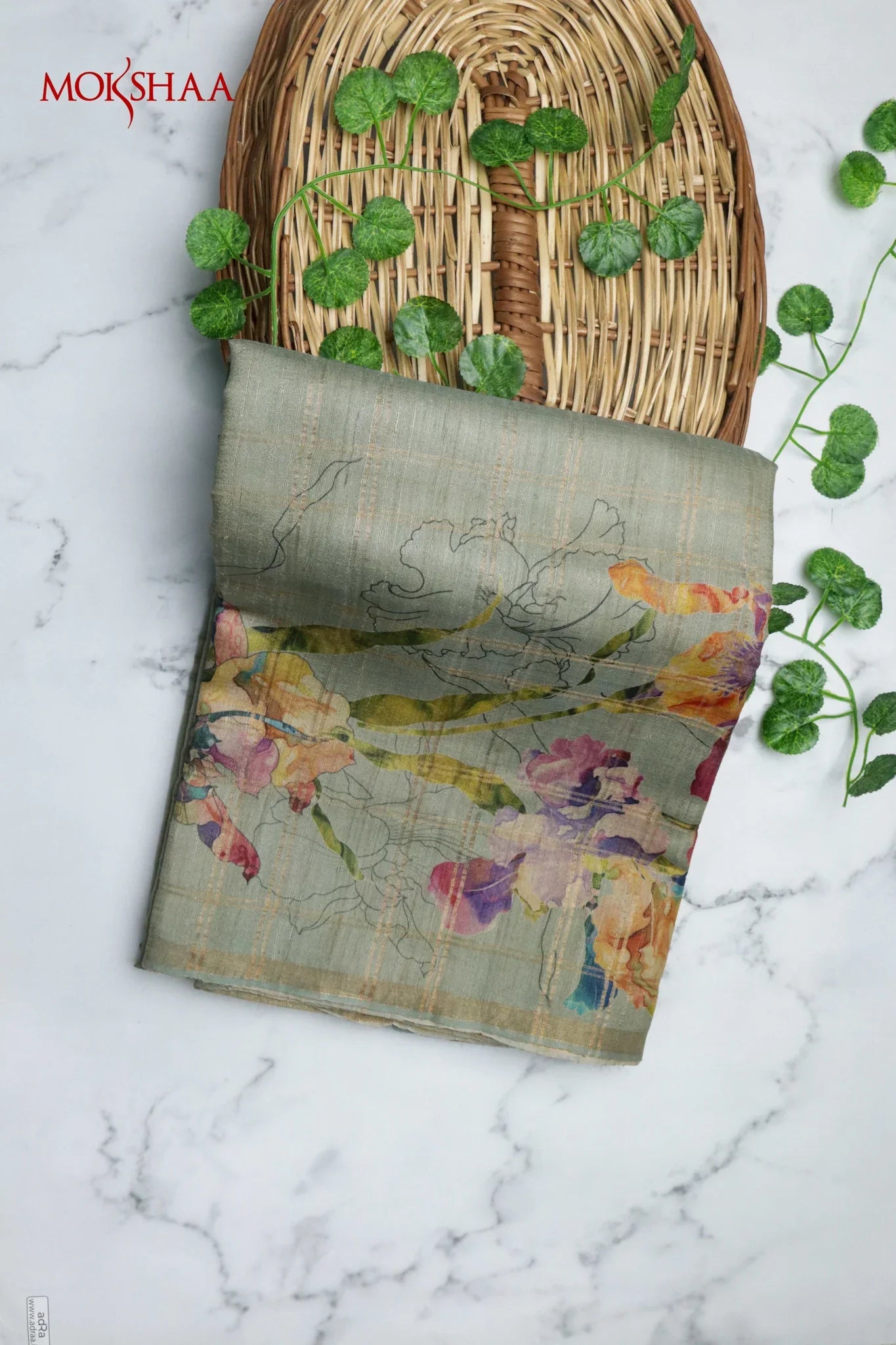 Sage Green Tussar Silk Saree with Zari Checks & Floral Print Border - Mokshaa