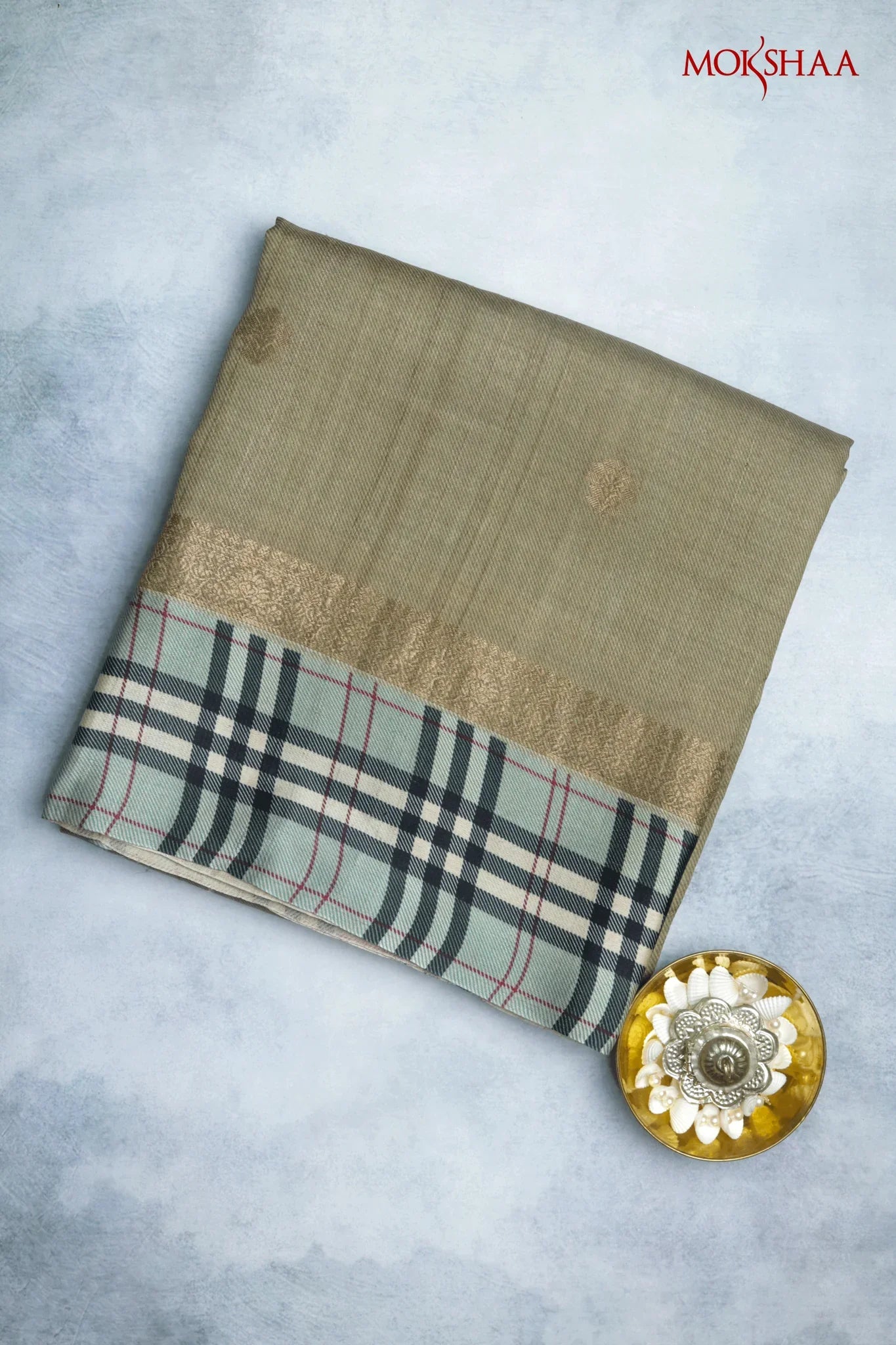 Chikku Tussar Silk Saree with Zari Motifs & Checked Border - Mokshaa