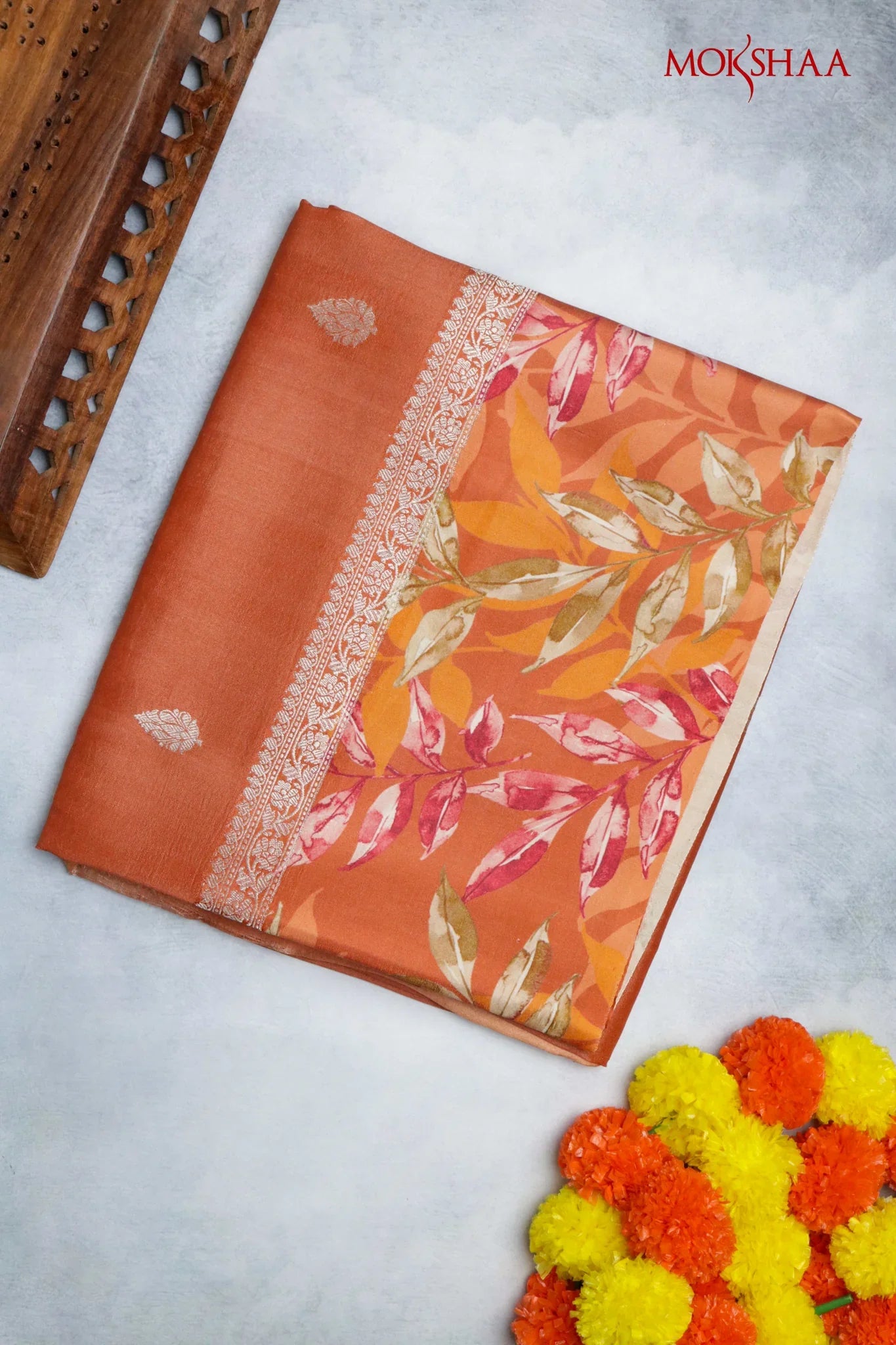 Orange Tussar Silk Saree with Silver Zari Motifs & Printed Border - Mokshaa