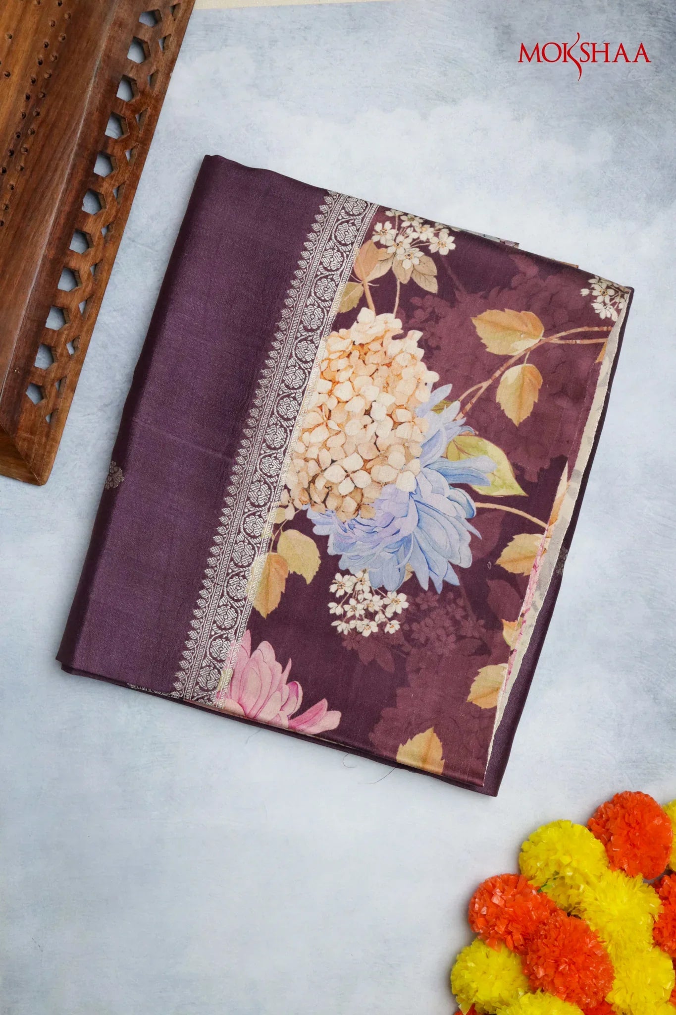 Wine Tussar Silk Saree with Silver Zari Motifs & Printed Border - Mokshaa