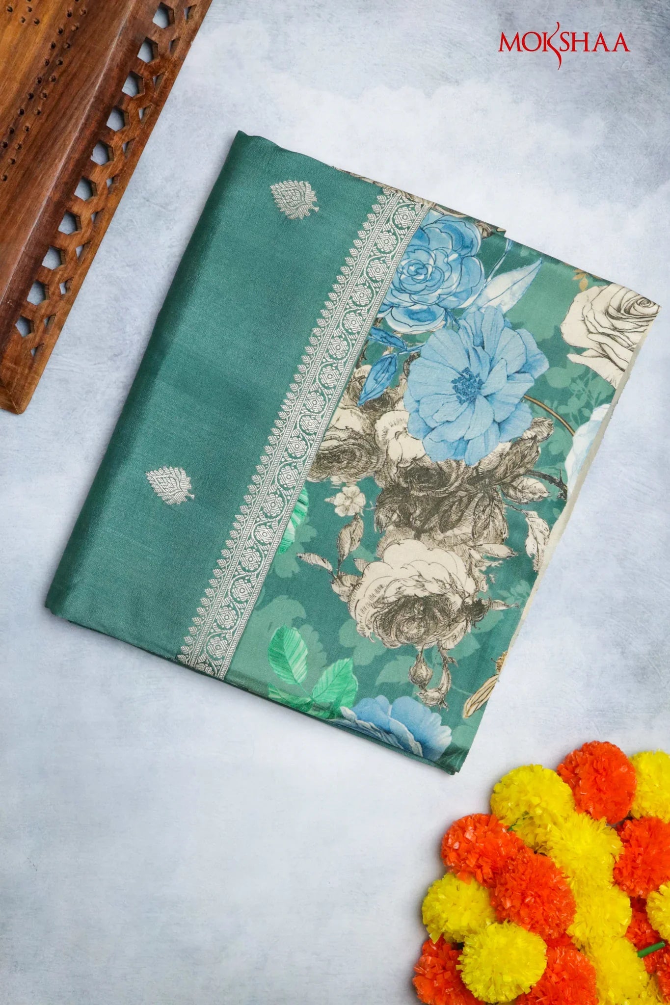 Turf Green Tussar Silk Saree with Silver Zari Motifs & Printed Border - Mokshaa